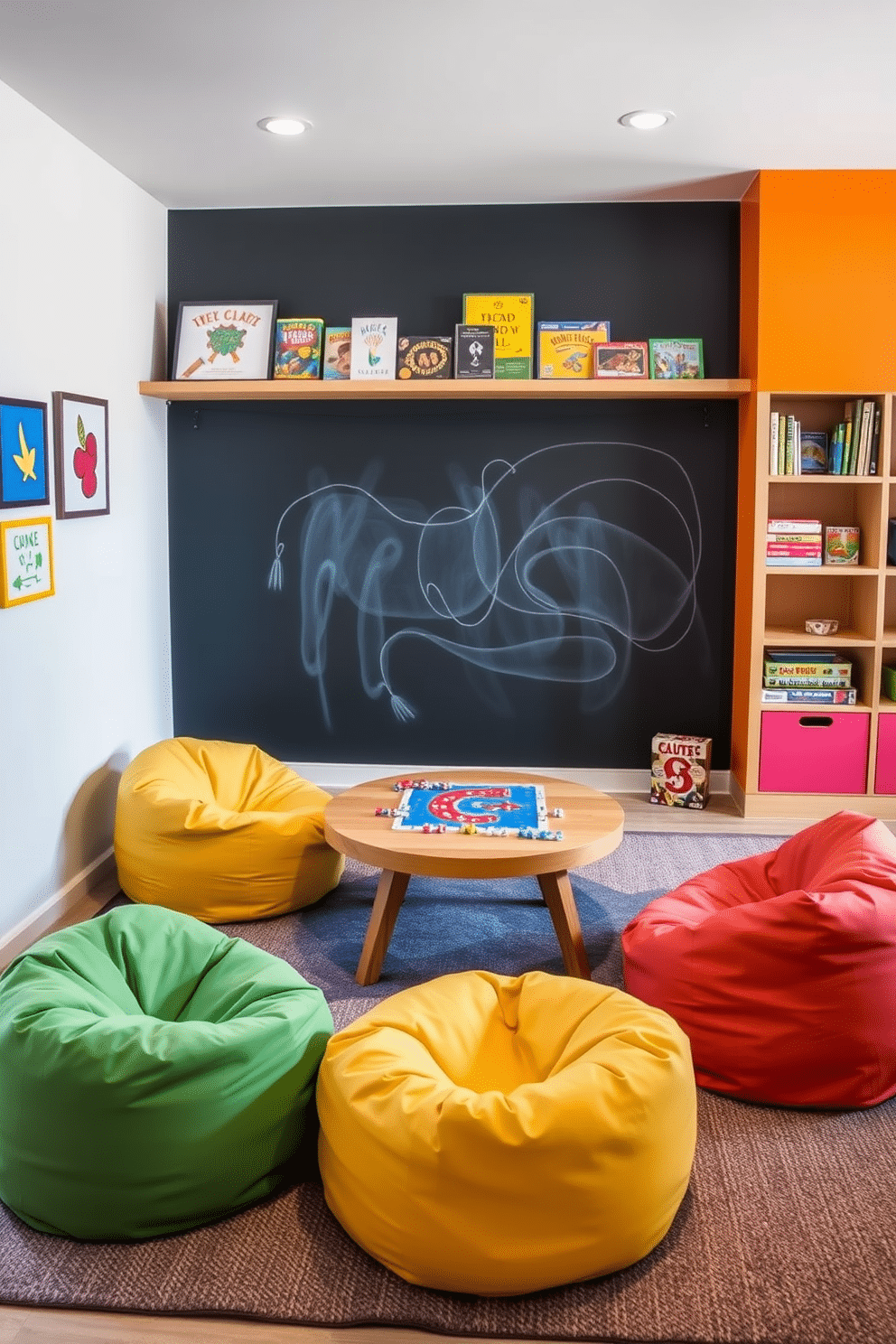 A cozy puzzle and board game corner features a low wooden table surrounded by colorful bean bag chairs. The walls are adorned with playful artwork, and a shelf filled with an assortment of games is easily accessible. The modern playroom design incorporates vibrant colors and interactive elements. A large chalkboard wall invites creativity, while soft rugs provide a comfortable play area for children.