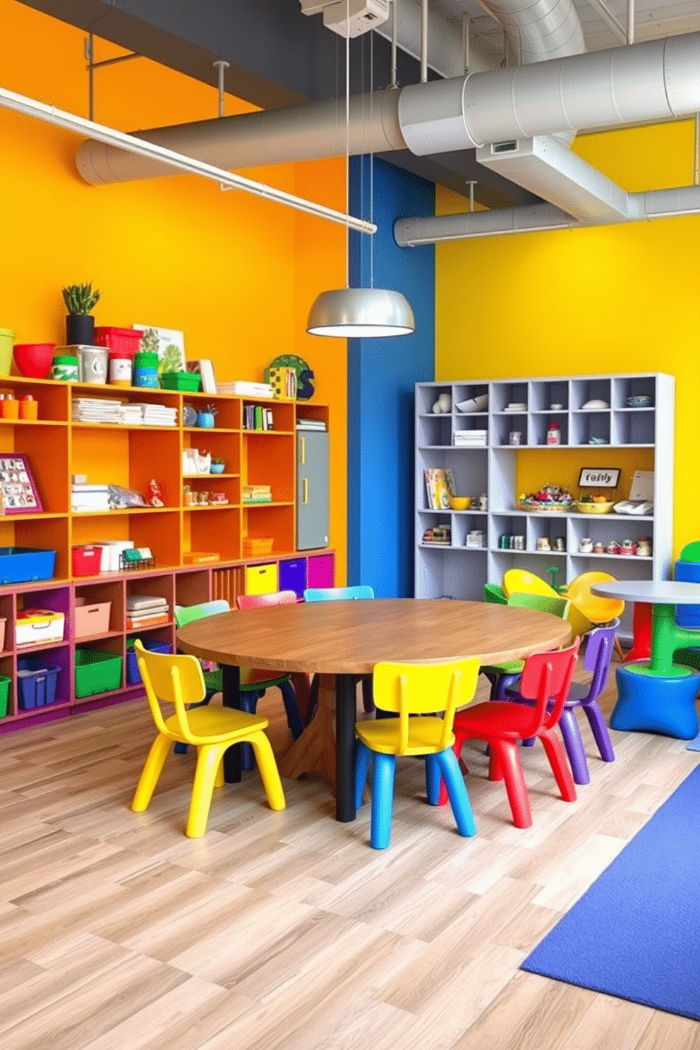 A vibrant DIY craft station designed for artistic expression. The space features a large, sturdy table surrounded by colorful chairs, with shelves filled with supplies like paints, papers, and tools. A modern playroom designed to inspire creativity and play. The room includes modular furniture, bright wall colors, and interactive zones for activities like reading, building, and imaginative play.