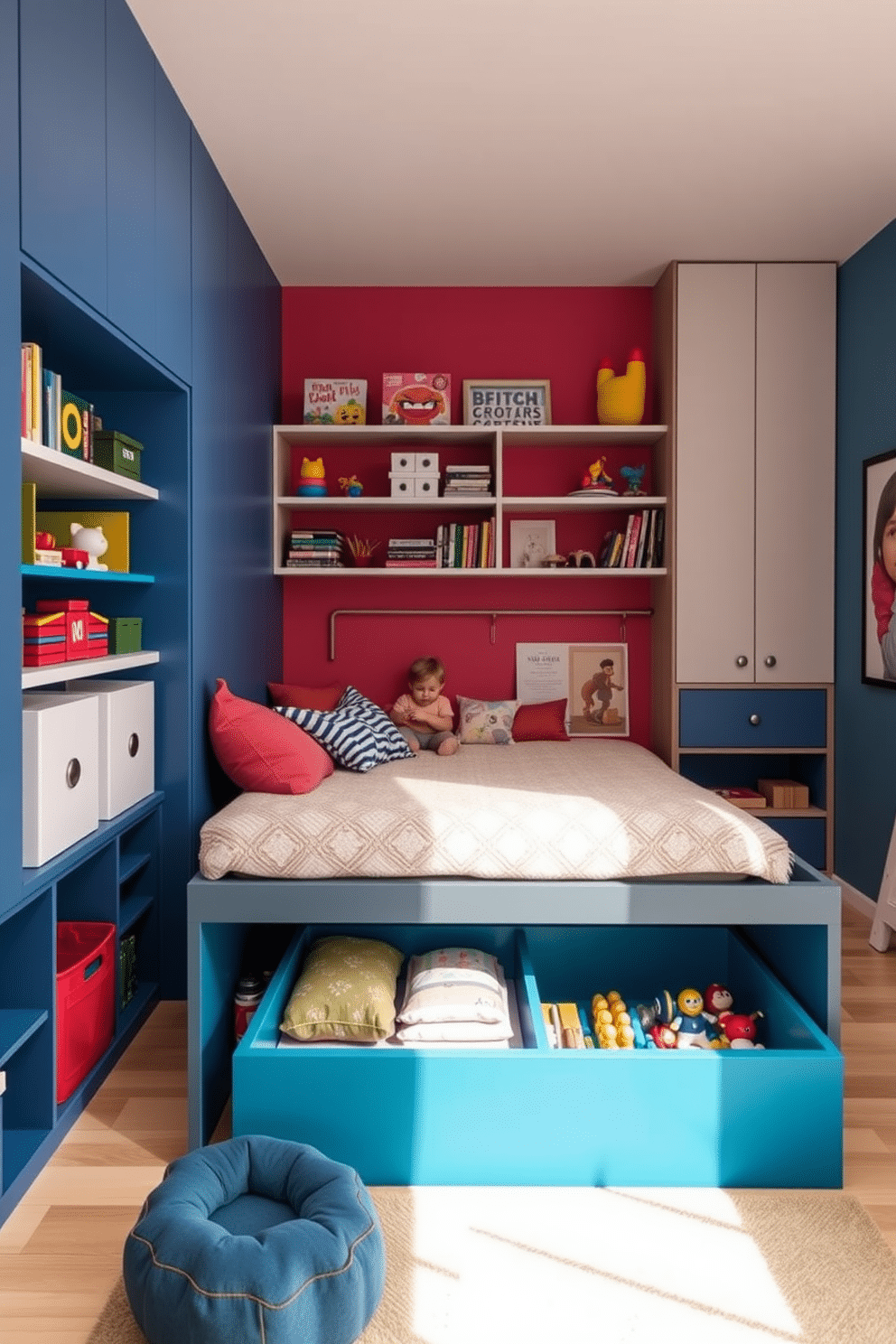 A modern playroom designed with vibrant colors and playful elements. The room features a cozy reading nook with a soft rug and bean bags, while shelves are filled with neatly organized toys and books. Under the bed, a custom-built storage solution is incorporated to keep toys out of sight. This clever design maximizes space while maintaining a tidy and inviting atmosphere for children to play and explore.