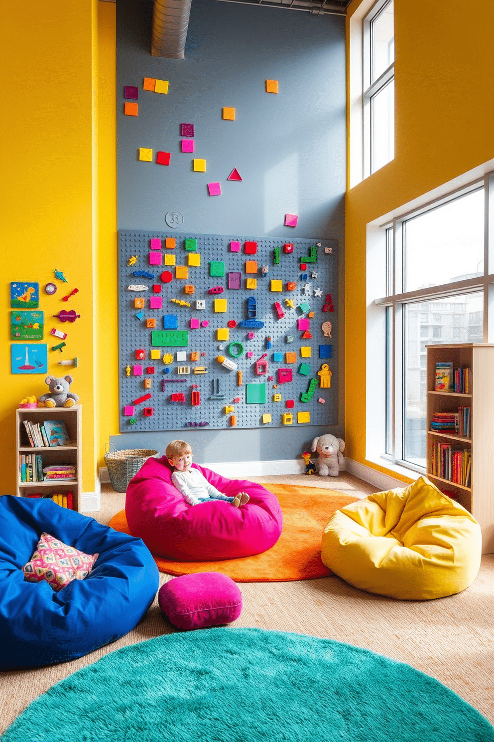 A vibrant playroom featuring a magnetic wall for building activities, adorned with colorful magnetic tiles and creative playsets. The walls are painted in a cheerful yellow, complemented by soft, plush rugs and bean bags scattered throughout the space. In one corner, a cozy reading nook with a small bookshelf filled with children's books invites exploration. Large windows allow natural light to flood the room, enhancing the playful atmosphere and encouraging imaginative play.