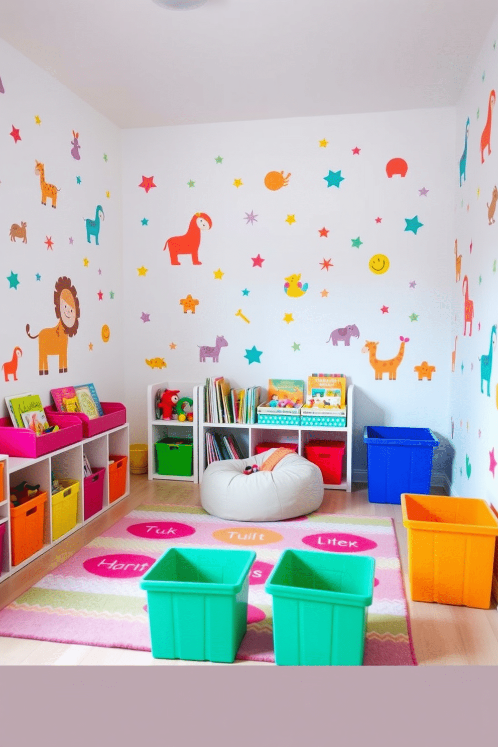 A vibrant playroom filled with playful wall decals featuring animals and geometric shapes, creating an engaging atmosphere for children. The walls are painted in a light, cheerful color, and the floor is covered with a soft, colorful rug that adds comfort and warmth. The room includes a cozy reading nook with a plush bean bag chair and a small bookshelf filled with colorful children's books. Brightly colored storage bins are scattered throughout the space, providing a fun way to keep toys organized and easily accessible.