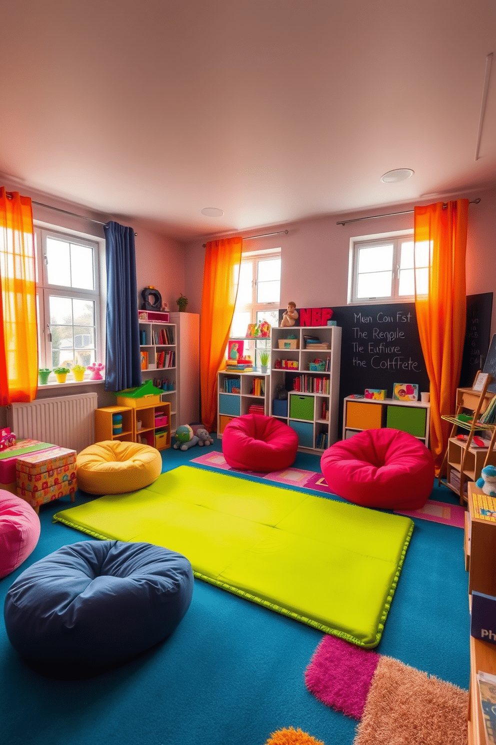 A vibrant playroom filled with energy and creativity. The walls are painted in a soft pastel hue, and colorful curtains frame the windows, allowing natural light to flood the room. The playroom features a variety of playful furniture, including a large, cushioned play mat and bean bags in bright colors. Shelves are filled with toys and books, and a chalkboard wall invites artistic expression.