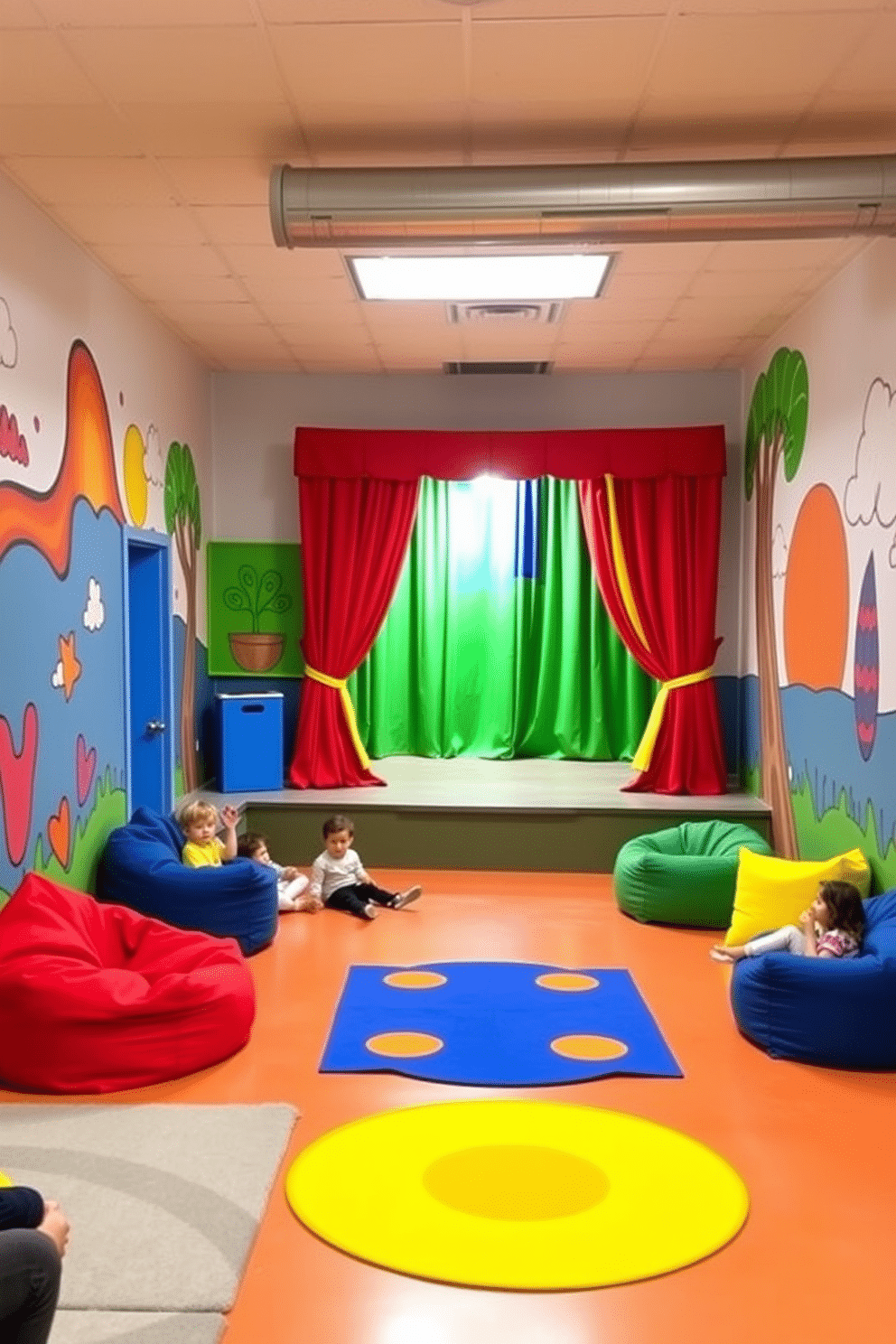 A vibrant playroom designed for creativity and fun, featuring a mini stage for performances at one end. The walls are painted in bright, cheerful colors, with playful murals that inspire imagination and play. The stage is equipped with colorful curtains and a small spotlight, inviting children to showcase their talents. Surrounding the stage, there are comfortable seating areas with bean bags and soft rugs, creating a cozy atmosphere for both performers and spectators.