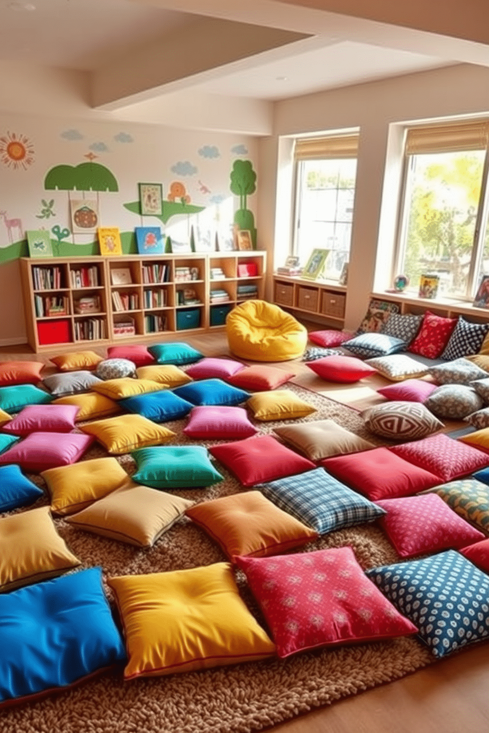 A vibrant playroom filled with colorful floor cushions scattered across a soft, textured rug. The walls are adorned with playful murals, and a cozy reading nook is created with oversized bean bags and shelves filled with children's books. An inviting space designed for casual seating, featuring an assortment of patterned floor cushions in various sizes and colors. The area is illuminated by warm, natural light streaming through large windows, creating a cheerful and relaxed atmosphere.