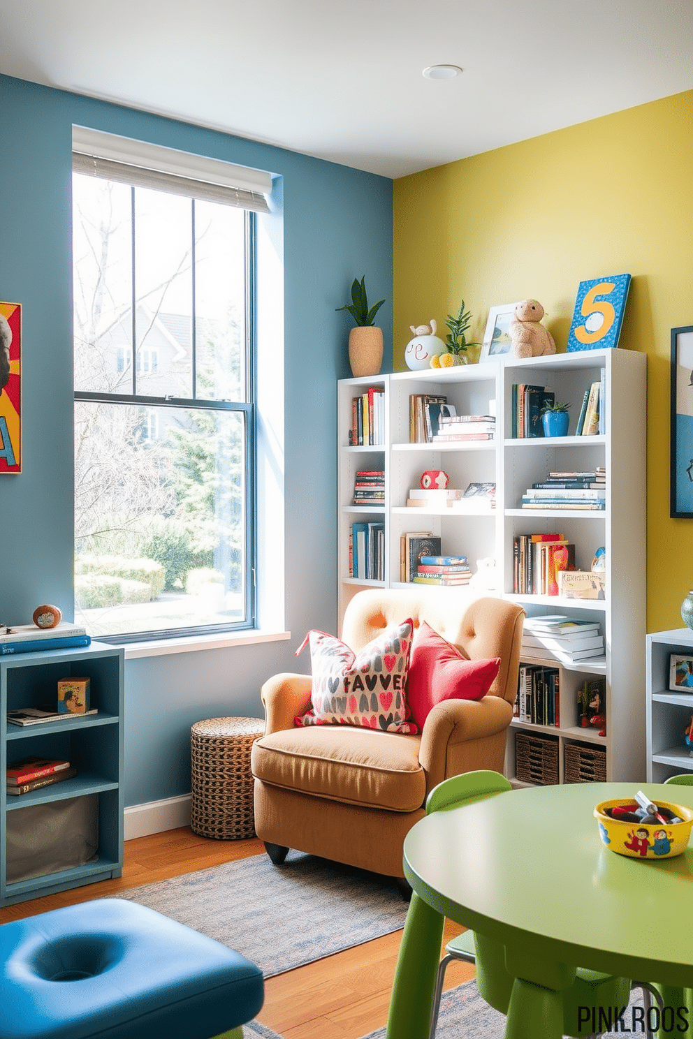 Cozy reading nook with colorful cushions. A plush armchair is positioned next to a large window, bathed in natural light, surrounded by shelves filled with books and decorative items. Modern playroom design ideas. The space features vibrant wall colors, playful artwork, and multifunctional furniture that encourages creativity and exploration.