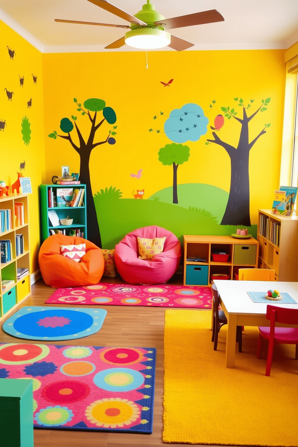 A vibrant playroom filled with colorful furniture and playful decor. The walls are painted in a cheerful yellow, adorned with whimsical wall decals of animals and trees. A cozy reading nook features a soft bean bag chair and a small bookshelf filled with children's books. Brightly patterned rugs define different activity zones, including a craft table and a game area with a large floor mat.