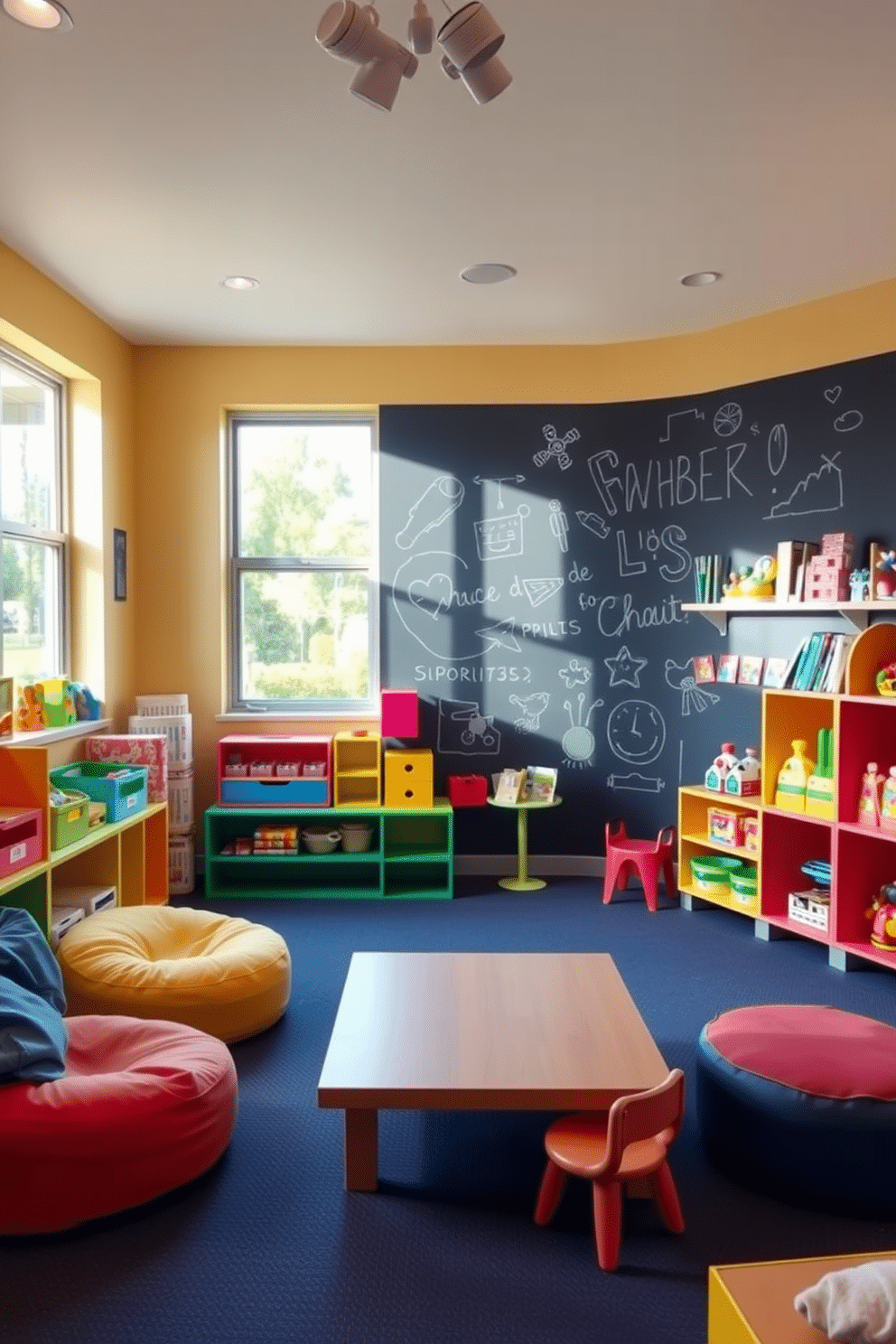 A vibrant playroom features an interactive chalkboard wall that invites children to express their creativity freely. The space is filled with colorful furniture, including bean bags and a low table, creating a playful and welcoming atmosphere. Brightly colored shelves display an array of toys and books, encouraging imaginative play and learning. Large windows allow natural light to flood the room, enhancing the cheerful ambiance and making it a perfect space for children to explore and create.