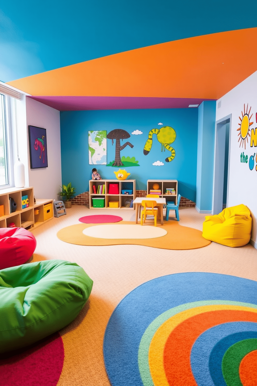 A modern playroom designed for creativity and fun, featuring soft area rugs in vibrant colors that provide comfort and safety for children. The room is filled with playful furniture, including a low table and colorful bean bags, surrounded by bright, engaging wall art that inspires imagination.