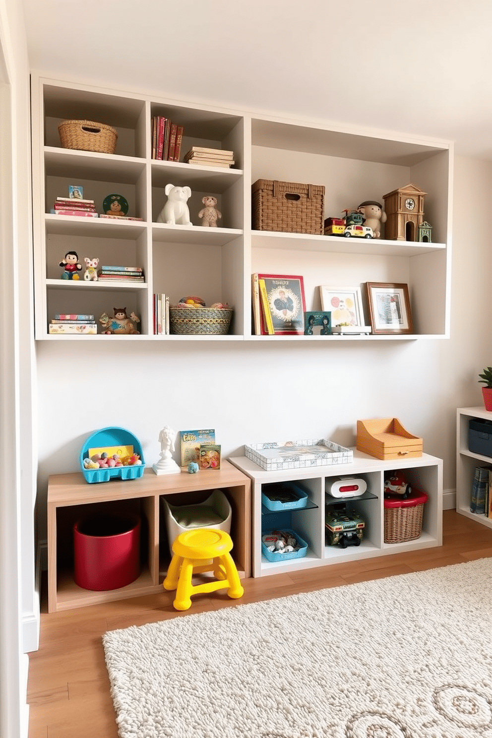 A modern playroom featuring open shelving that allows for easy access to toys, encouraging children to engage and play freely. The walls are painted in a soft, cheerful color, and the floor is covered with a plush area rug for comfort and warmth.