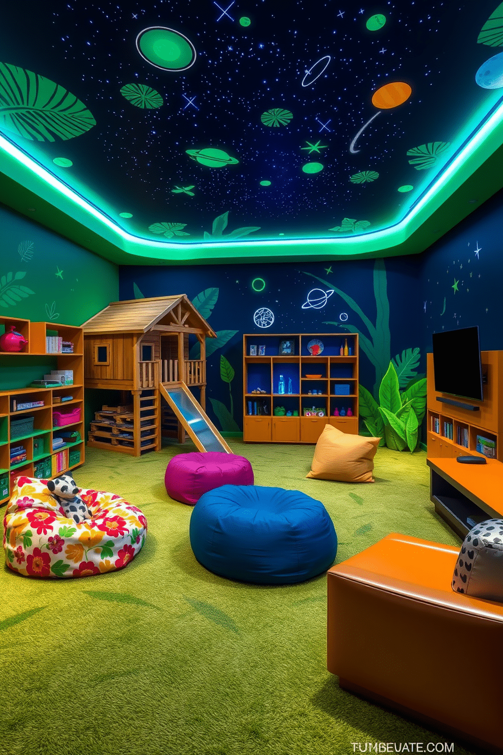 A vibrant playroom designed with a jungle theme. The walls are painted in a bright green hue, adorned with tropical leaf decals, and the floor is covered in a soft, plush carpet resembling grass. Colorful bean bags and oversized cushions in animal prints are scattered throughout the space. A wooden treehouse structure serves as a play area, complete with a slide and climbing wall, while shelves hold an array of jungle-themed toys and books. --- A futuristic playroom inspired by outer space. The walls are painted deep navy blue, accented with glow-in-the-dark stars and planets, creating a cosmic atmosphere. A sleek, modular furniture set in metallic finishes offers ample seating and storage. Interactive elements like a digital planetarium projector and space-themed art supplies encourage creativity and exploration.