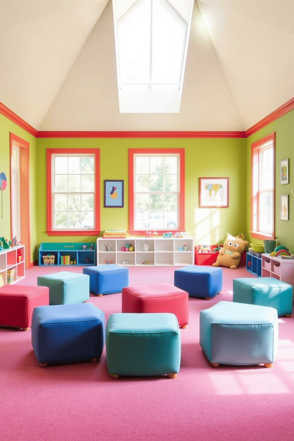 A vibrant playroom filled with natural light features colorful storage ottomans scattered around the space, providing both seating and organization for toys. The walls are painted in cheerful hues, and playful artwork adorns the room, creating an inviting atmosphere for children to enjoy their playtime.