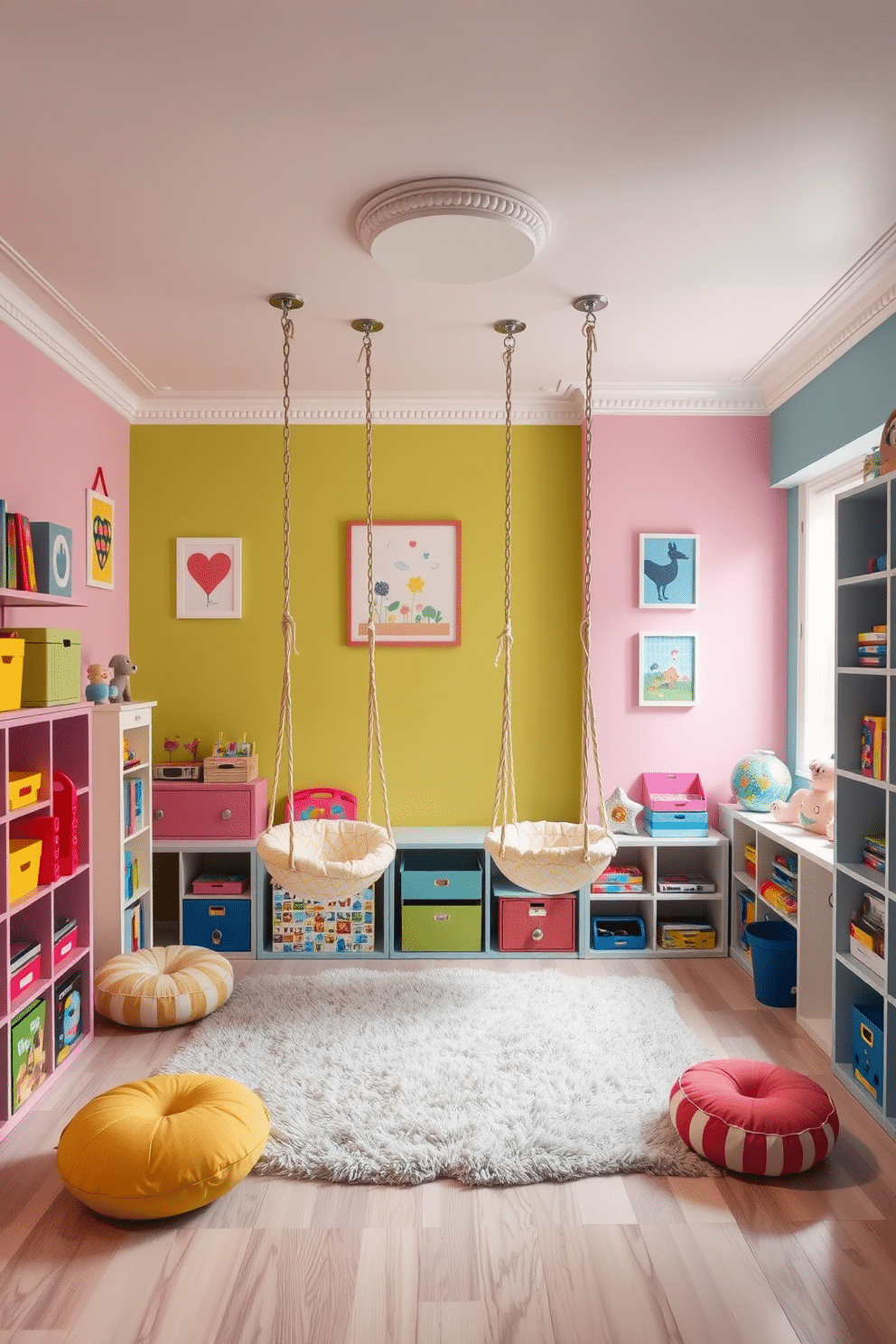 A vibrant playroom filled with colorful decor and playful elements. In the center, two hanging swings are suspended from the ceiling, surrounded by soft cushions and a plush rug. The walls are painted in cheerful pastel colors, adorned with whimsical wall art. A variety of toys and games are neatly organized in open shelves, creating an inviting space for creativity and fun.