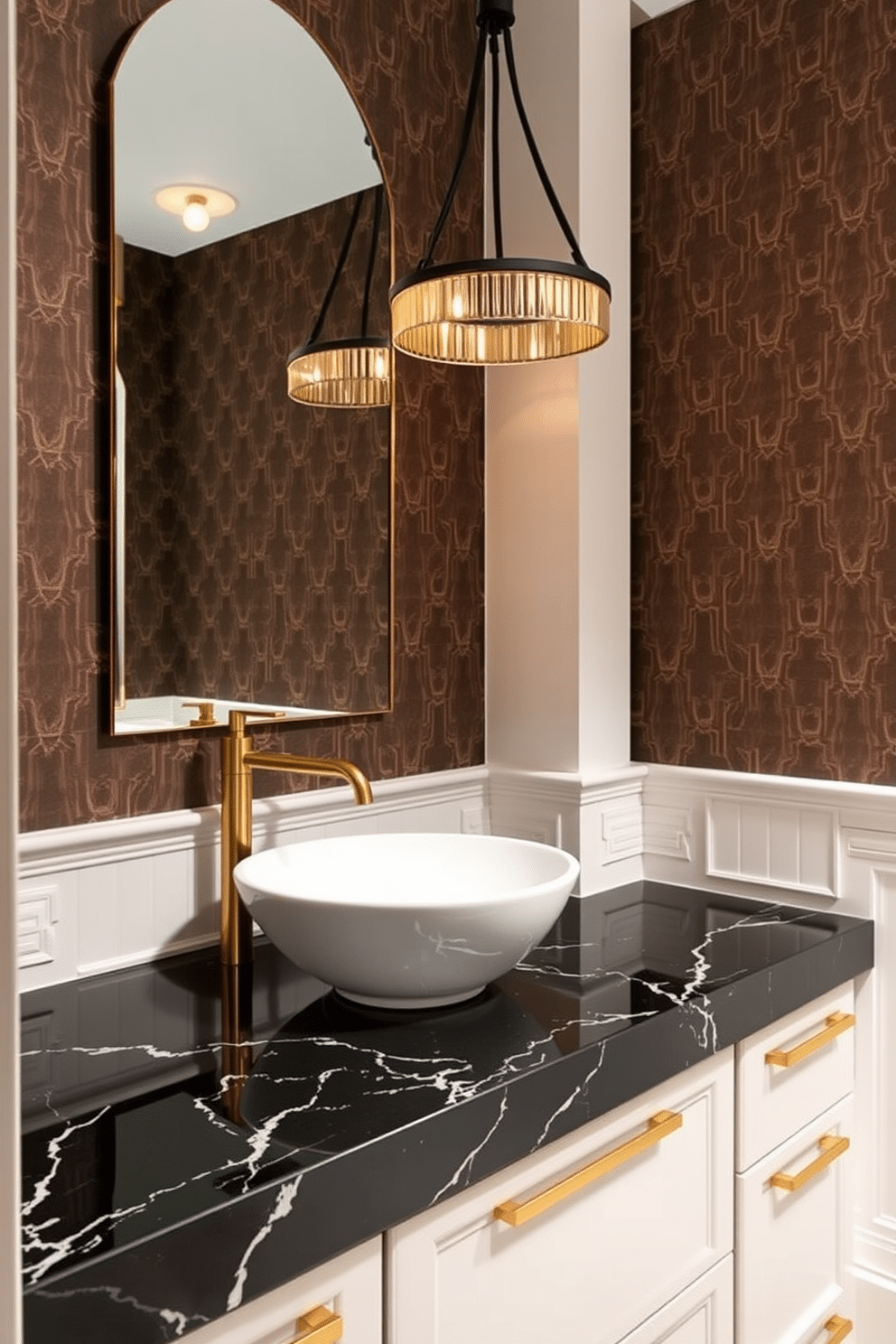 Sleek black marble countertops with gold accents create a striking focal point in a modern powder room. The walls are adorned with elegant wallpaper featuring geometric patterns in soft neutrals, complementing the luxurious materials. A stylish vessel sink sits atop the counter, paired with a contemporary gold faucet that enhances the room's sophistication. Ambient lighting from a beautifully designed pendant fixture casts a warm glow, highlighting the rich textures and finishes throughout the space.