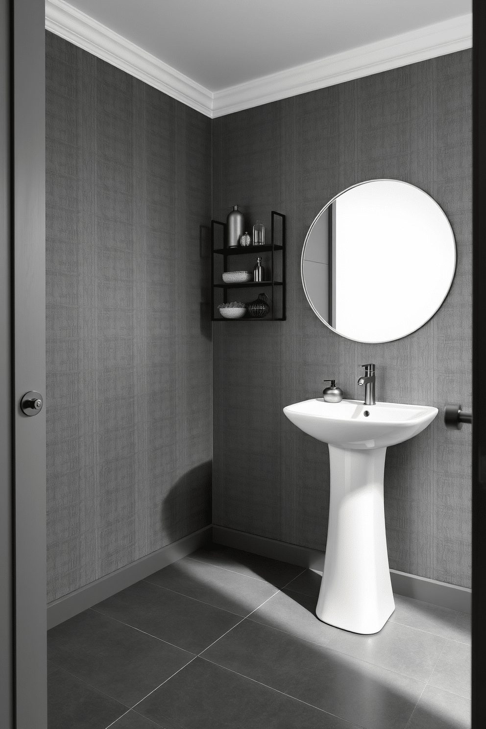 A sleek powder room featuring a monochromatic color scheme in varying shades of gray, accented by metallic elements. The walls are adorned with a textured gray wallpaper, while the floor boasts large, polished gray tiles that reflect light. A contemporary pedestal sink with a brushed nickel faucet serves as the focal point, complemented by a minimalist round mirror with a thin metallic frame. A stylish wall-mounted shelf displays decorative items in varying metallic finishes, enhancing the room's modern aesthetic.