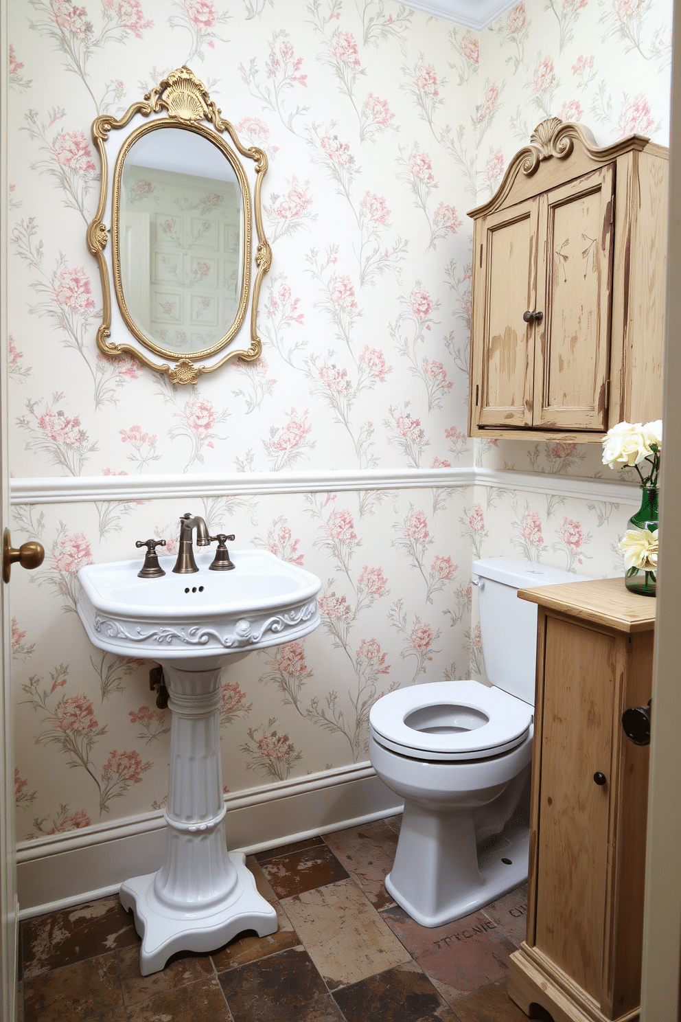 A vintage-inspired powder room features a charming pedestal sink with intricate detailing, complemented by a classic wall-mounted faucet in brushed nickel. The walls are adorned with floral wallpaper in soft pastel hues, while an antique mirror with a distressed frame hangs above the sink. A sleek, modern toilet sits discreetly beside the sink, and a stylish wooden cabinet provides ample storage without sacrificing aesthetics. The flooring is a mix of vintage tiles in muted colors, adding character and warmth to the space.