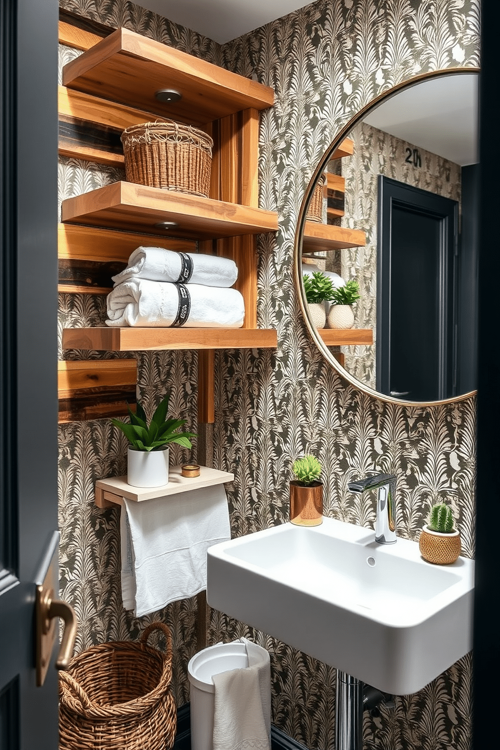 Open shelving for stylish storage solutions. The shelves are crafted from reclaimed wood, displaying neatly arranged towels, decorative baskets, and potted plants for a touch of greenery. Modern Powder Room Design Ideas. The space features a sleek, wall-mounted sink, complemented by a bold wallpaper pattern and a large round mirror that enhances the room's contemporary feel.