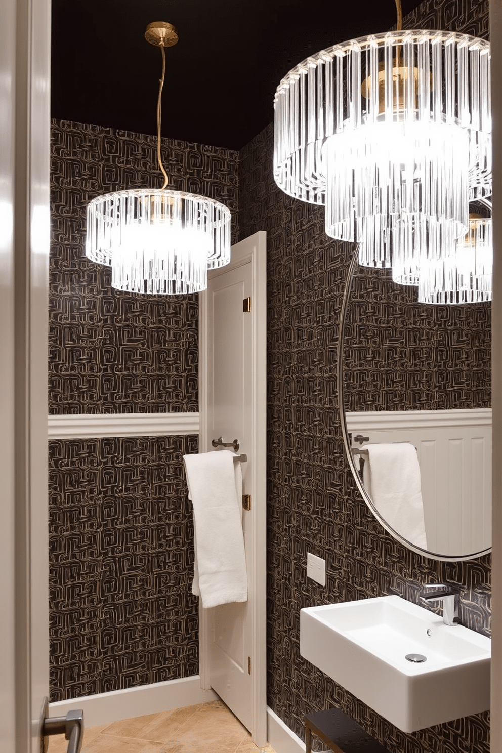 A modern powder room featuring unique light fixtures as focal points. The space showcases an elegant chandelier made of glass and metal, suspended above a sleek, minimalist sink with a floating vanity. The walls are adorned with a bold, geometric wallpaper that adds depth and character to the room. Complementing the design, a large round mirror reflects the stunning light fixture, enhancing the overall ambiance.