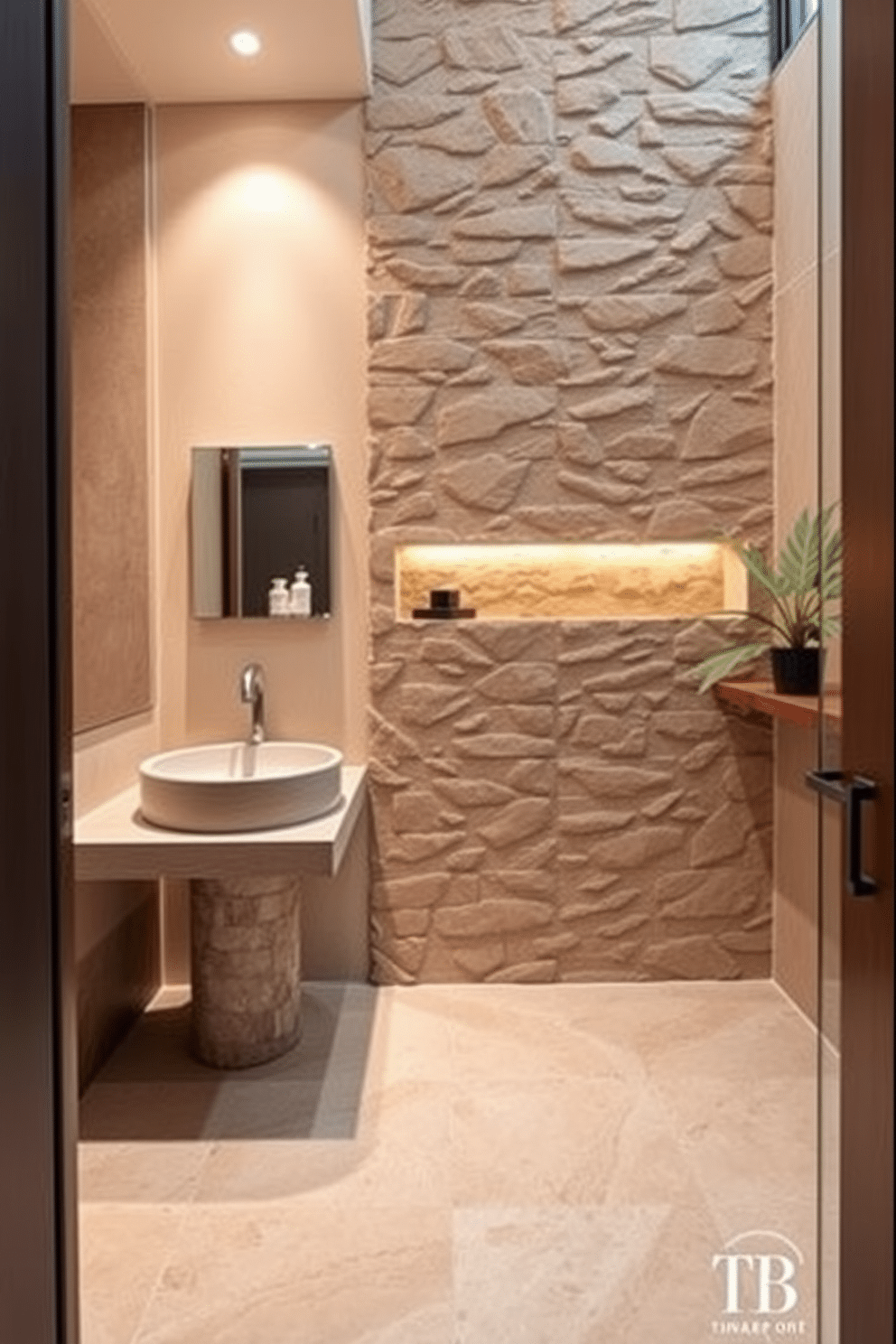 A modern powder room featuring natural stone elements, including a sleek stone sink and a textured stone accent wall. The space is illuminated by warm lighting, highlighting the earthy tones and creating an inviting atmosphere. The floor is adorned with large, polished stone tiles that complement the organic feel of the room. A minimalist wooden shelf holds stylish accessories, while a small potted plant adds a touch of greenery to the decor.