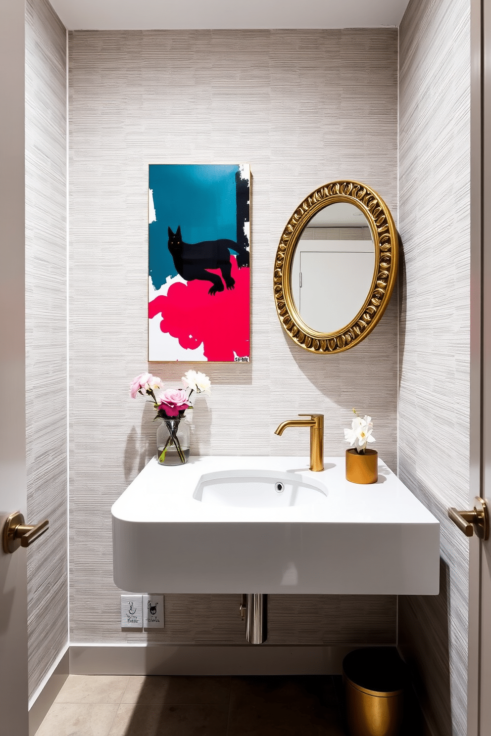 A modern powder room featuring a sleek, floating vanity with a glossy white finish. Above the vanity, a bold statement art piece in vibrant colors adds a striking focal point to the space. The walls are adorned with a textured wallpaper in a soft gray tone, creating a sophisticated backdrop. A round mirror with an ornate gold frame reflects the artistic flair and enhances the room's elegance.