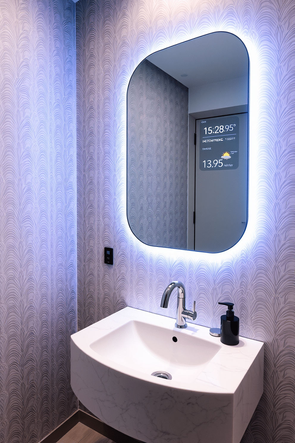 A modern powder room featuring integrated smart technology for convenience. The space includes a sleek, touchless faucet and a smart mirror that displays time and weather updates. The walls are adorned with elegant wallpaper in a subtle geometric pattern, complemented by a stylish floating vanity with a quartz countertop. Ambient LED lighting highlights the sophisticated fixtures and a minimalist design aesthetic.