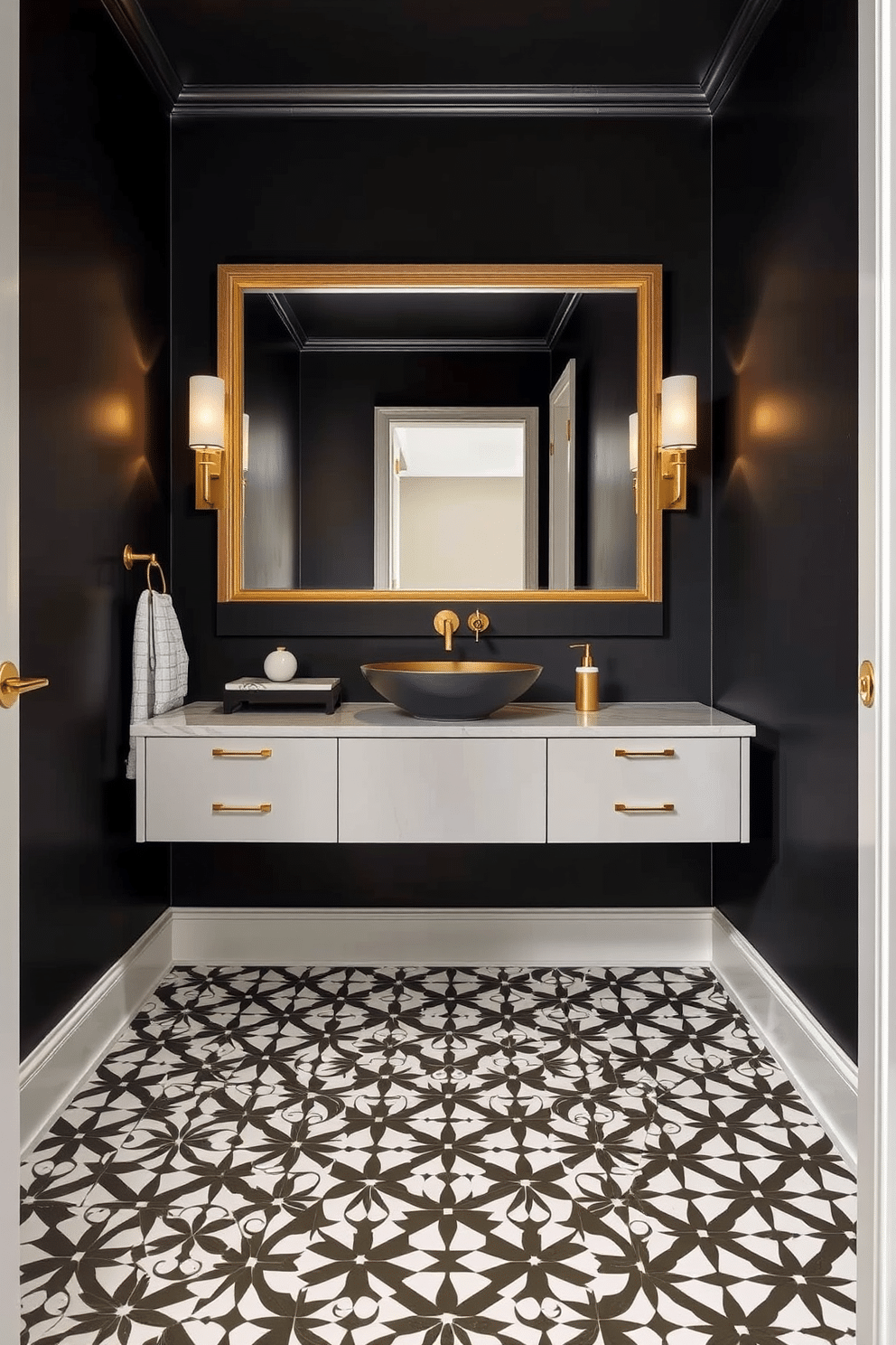 A modern powder room features bold patterned floor tiles that create a striking focal point, drawing the eye immediately upon entry. The walls are adorned with sleek, dark paint, complemented by a floating vanity with a chic vessel sink and elegant gold fixtures. The space is illuminated by stylish sconces that provide warm lighting, enhancing the dramatic effect of the floor tiles. A large, framed mirror above the vanity reflects the intricate patterns below, adding depth and sophistication to the design.