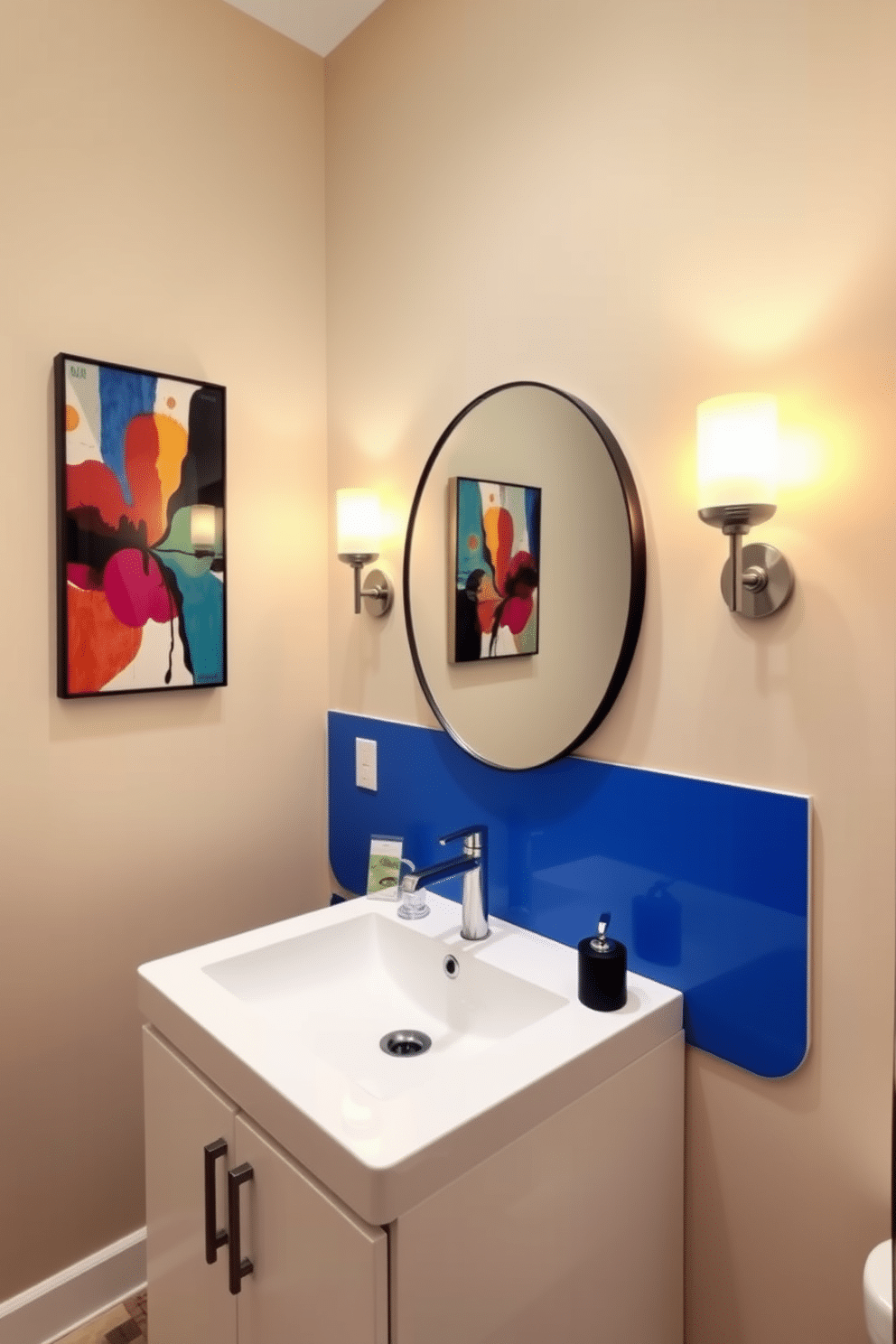 A modern powder room featuring a neutral color palette accented with vibrant splashes of color. The walls are a soft beige, complemented by a sleek white vanity with a striking blue backsplash. A round mirror with a thin black frame hangs above the vanity, reflecting warm, ambient lighting from stylish sconces on either side. A colorful abstract artwork adorns the wall, adding a lively touch to the serene environment.