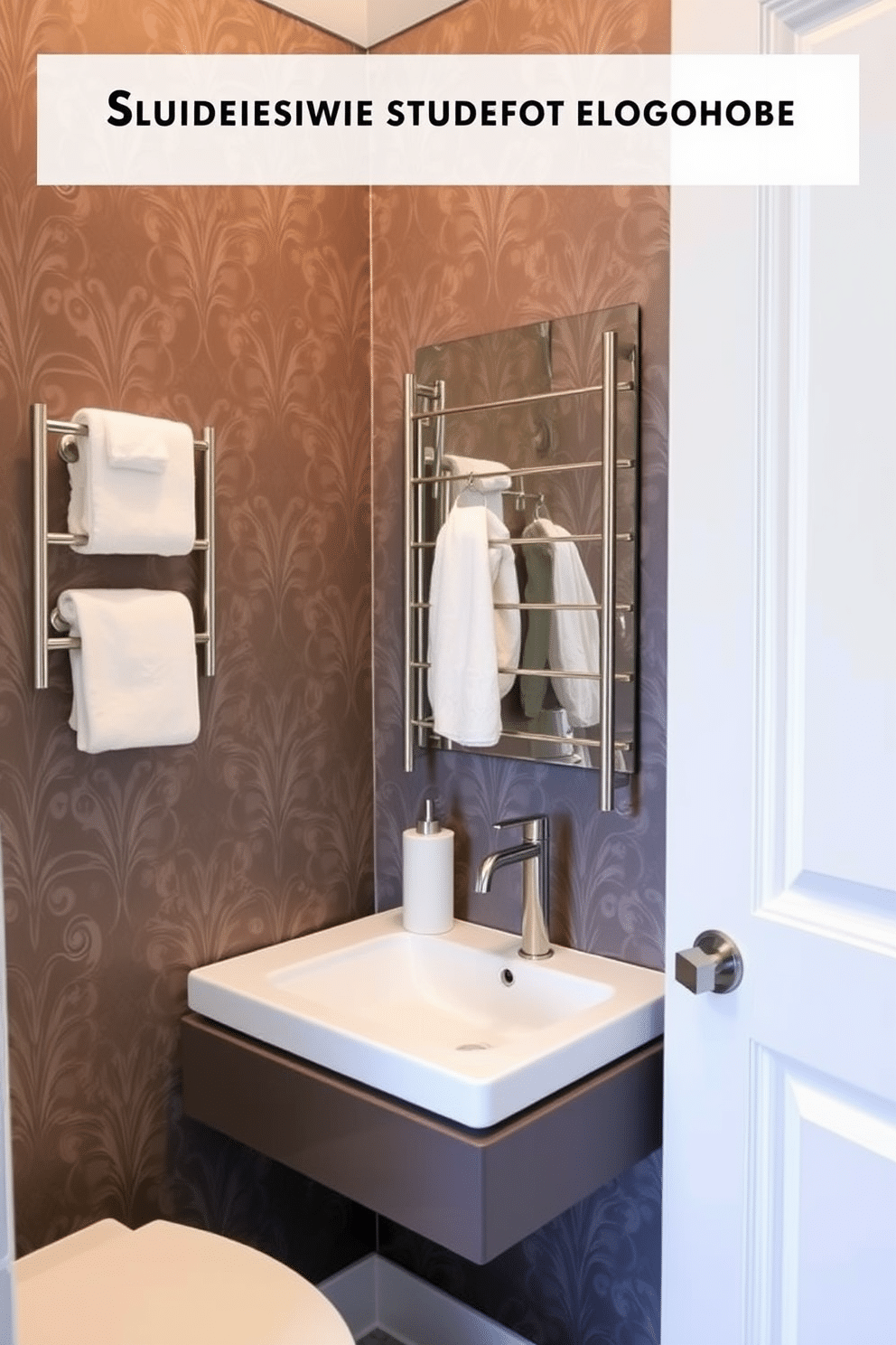 A modern powder room featuring stylish towel racks and hooks for organization. The walls are adorned with elegant wallpaper, and a sleek floating vanity complements the contemporary design. Incorporate a chic towel rack made of brushed nickel beside the sink, paired with matching hooks for added functionality. The space is illuminated by warm lighting, creating an inviting atmosphere while maximizing storage solutions.