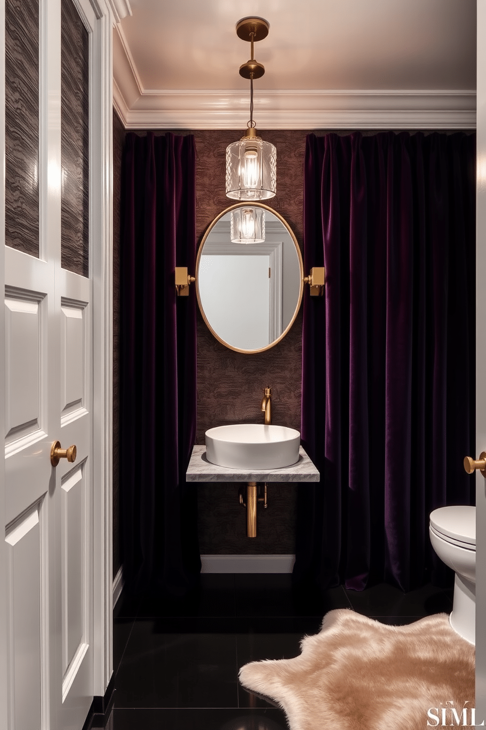 A modern powder room featuring rich velvet drapes in deep jewel tones, complemented by a sleek marble countertop and a stylish ceramic sink. The walls are adorned with a textured wallpaper that adds depth, while polished brass fixtures provide a touch of elegance. Incorporate a chic, oversized mirror with a decorative frame above the sink, reflecting the ambient lighting from a statement pendant light. The floor is finished with a glossy black tile, and a plush silk rug adds warmth and comfort to the space.