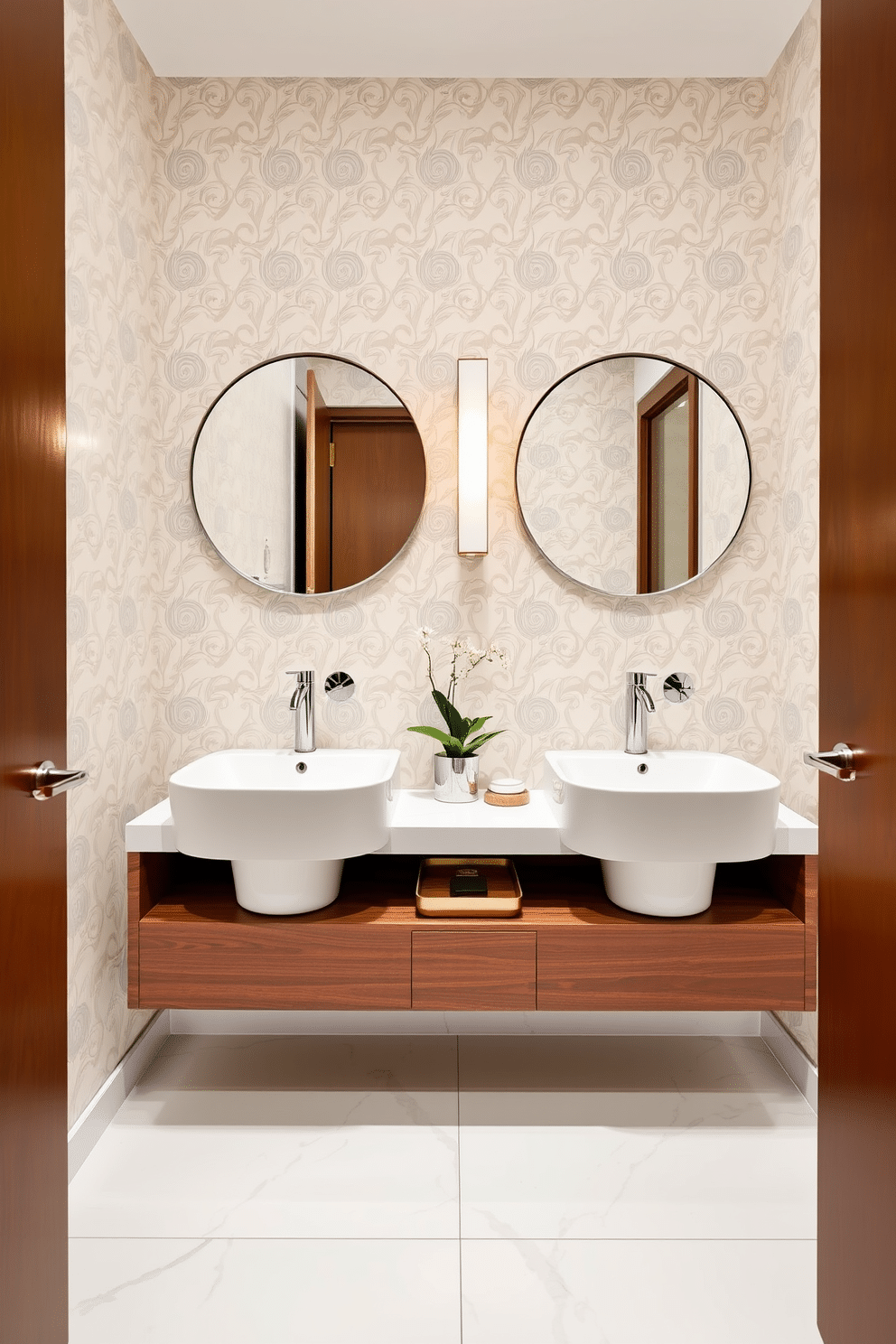 A stylish powder room featuring dual sinks with sleek, contemporary faucets. The walls are adorned with elegant wallpaper in a soft pastel hue, and the floor is covered with large, glossy white tiles for a clean, modern look. A floating vanity with a rich wood finish provides ample storage underneath. Decorative elements include a round mirror with a minimalist frame and a small potted plant on the countertop for a touch of greenery.