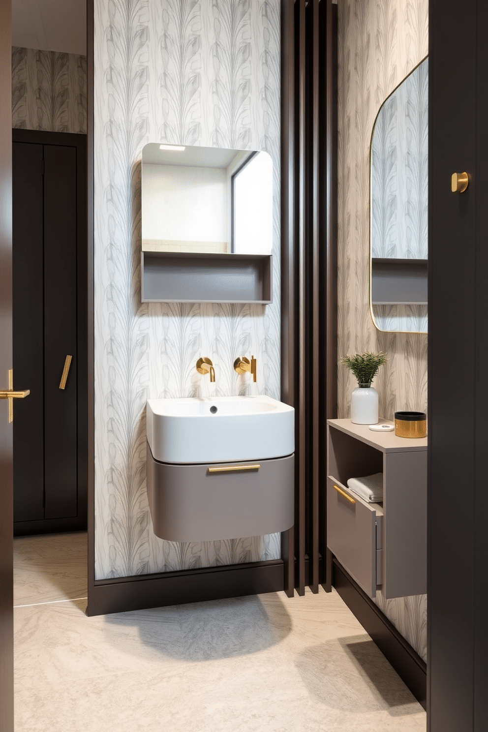 A modern powder room featuring innovative space-saving furniture that maximizes functionality without sacrificing style. The design includes a sleek wall-mounted sink with integrated storage, complemented by a compact, foldable vanity that blends seamlessly into the decor. The walls are adorned with a chic wallpaper in soft pastel tones, creating a light and airy atmosphere. Accents of gold in the fixtures and a stylish mirror enhance the elegance of the room while maintaining a minimalist aesthetic.