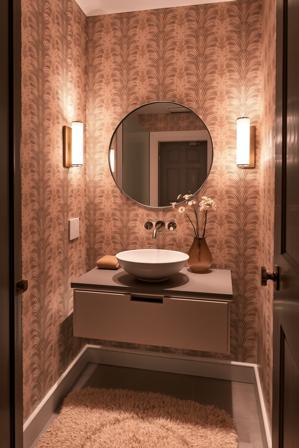 A modern powder room designed for relaxation features soft, ambient lighting that creates a warm and inviting atmosphere. The walls are adorned with elegant wallpaper in soothing tones, complemented by a sleek floating vanity with a stylish vessel sink. Strategically placed sconces provide gentle illumination, enhancing the room's serene vibe. A large round mirror reflects the light, making the space feel more open and airy, while a plush area rug adds a touch of comfort underfoot.