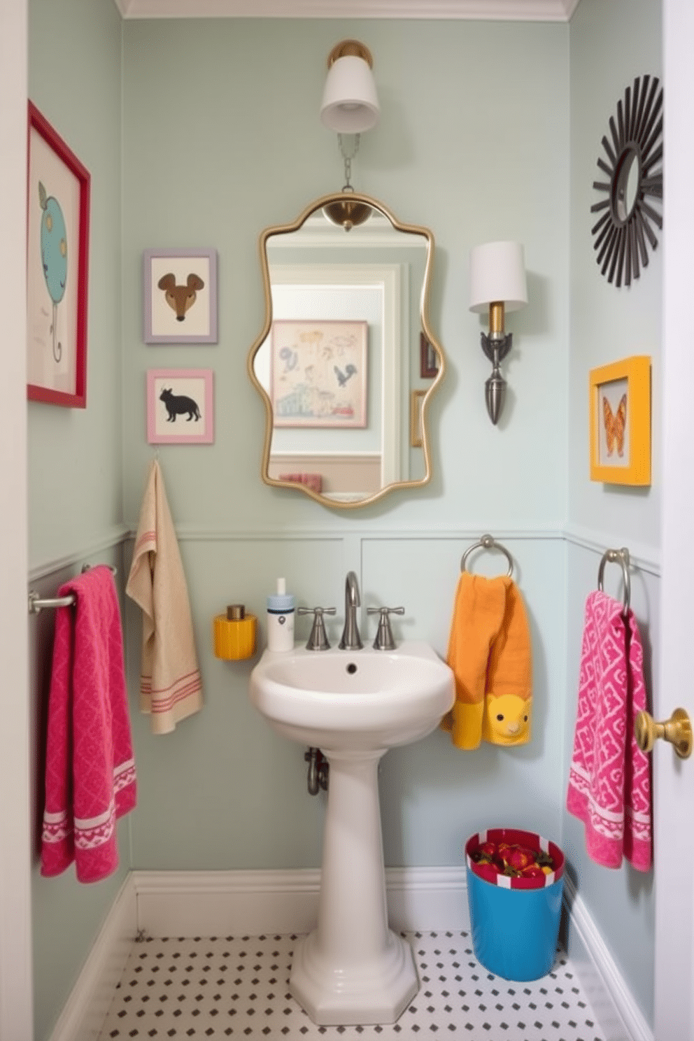 A playful powder room adorned with whimsical decor elements. The walls are painted in a soft pastel color, featuring quirky wall art and playful patterns that create a lively atmosphere. A unique pedestal sink with an artistic design serves as the focal point. Accents like colorful towels, a fun-shaped mirror, and decorative accessories add a cheerful touch to the space.