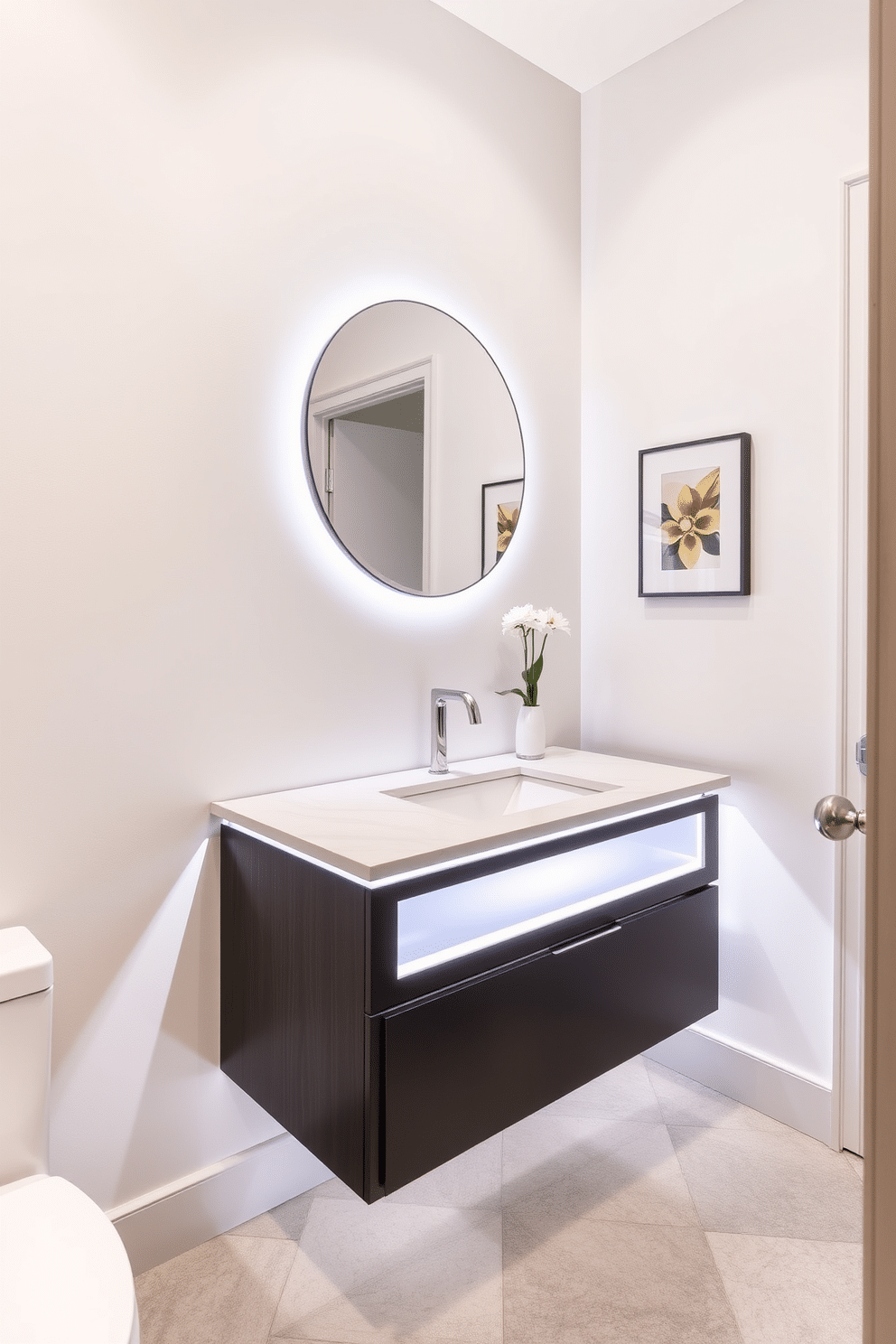 A floating vanity with integrated lighting features creates a sleek and contemporary look in the powder room. The vanity is adorned with a smooth quartz countertop and minimalist hardware, emphasizing clean lines and modern elegance. The walls are painted in a soft, neutral tone, complemented by stylish geometric tiles on the floor. Accent lighting highlights the vanity's features, while a round mirror adds depth and sophistication to the overall design.