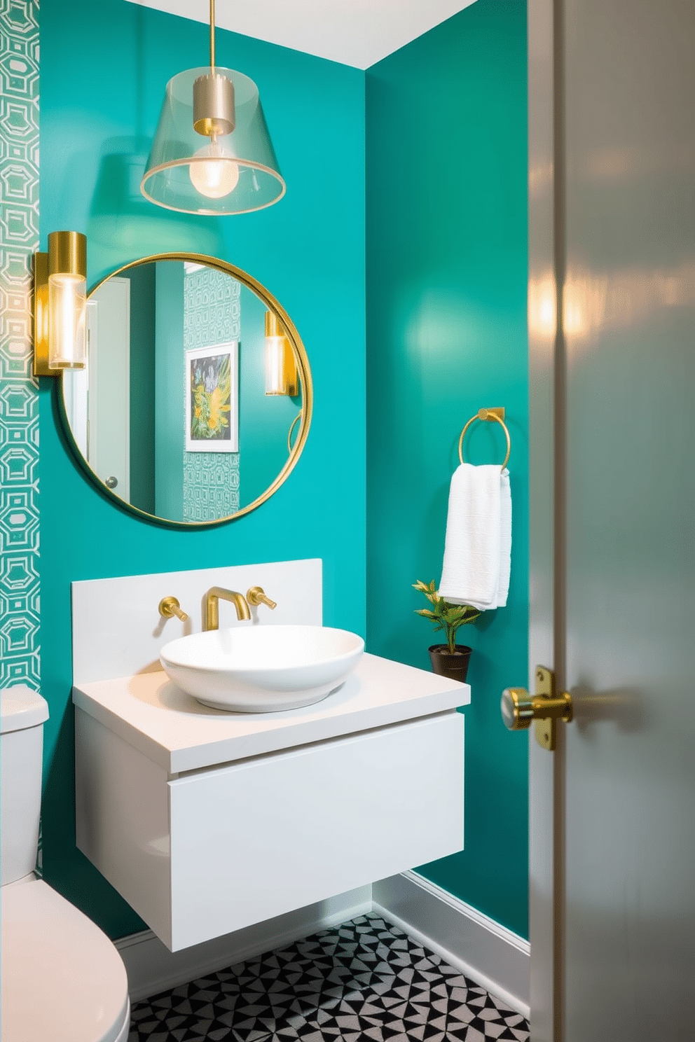 A modern powder room featuring a bold accent wall painted in a vibrant teal, creating a striking focal point. The space includes a sleek, floating vanity with a white vessel sink and gold fixtures, complemented by geometric patterned wallpaper on the adjacent walls. Stylish lighting fixtures, such as a contemporary pendant light, hang above the vanity, casting a warm glow. A large round mirror with a gold frame reflects the lively colors, while a small potted plant adds a touch of greenery to the decor.