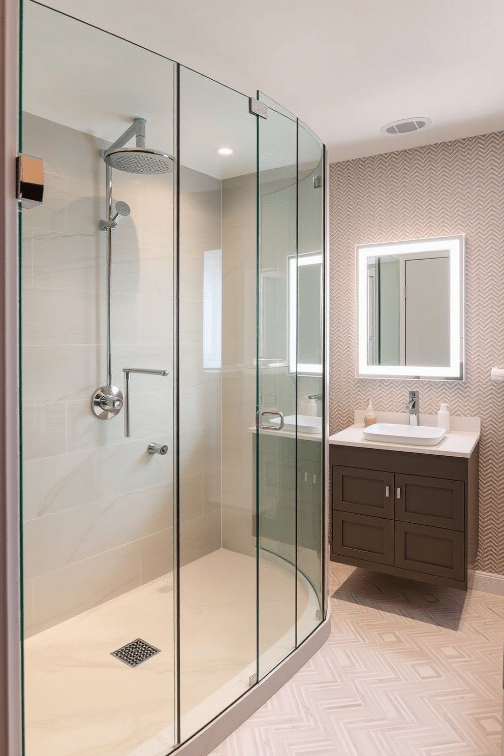 A frameless glass shower showcases elegant, large-format tiles in soft, neutral tones, creating a seamless transition between luxury and functionality. The shower features a sleek rain showerhead, and the surrounding area is accented with polished chrome fixtures that enhance the modern aesthetic. In the powder room, a floating vanity with a striking vessel sink is complemented by a backlit mirror that adds warmth and sophistication. The walls are adorned with textured wallpaper in a subtle pattern, while the floor is finished with chic, geometric tiles that bring a contemporary flair to the space.