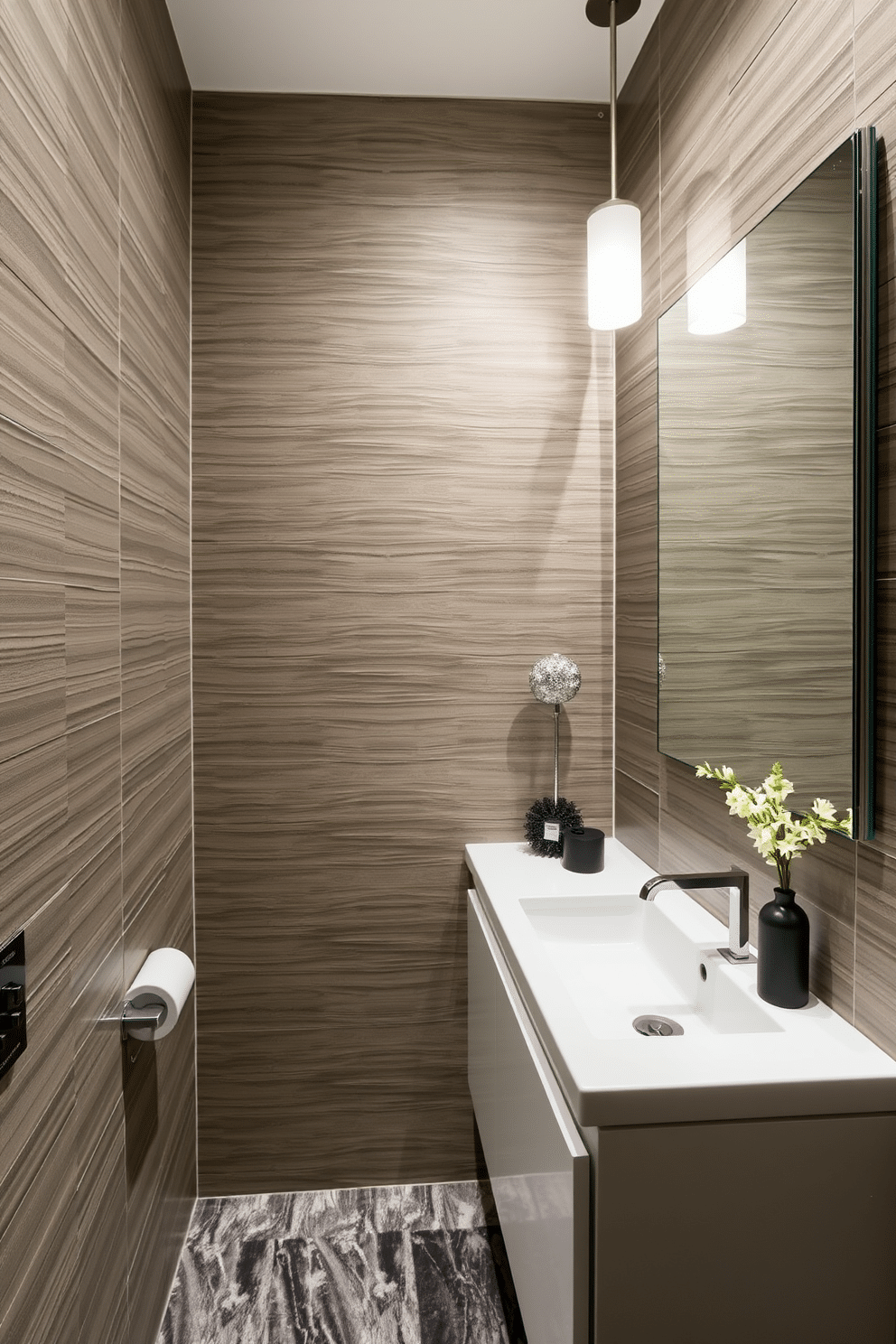 A modern powder room featuring textured wall panels that create a striking visual depth. The space is accented with sleek fixtures, a minimalist sink, and elegant lighting that enhances the contemporary aesthetic. The walls are adorned with a rich, tactile material that contrasts beautifully with the clean lines of the furnishings. A stylish mirror and tasteful decor complete the look, making the room both functional and inviting.