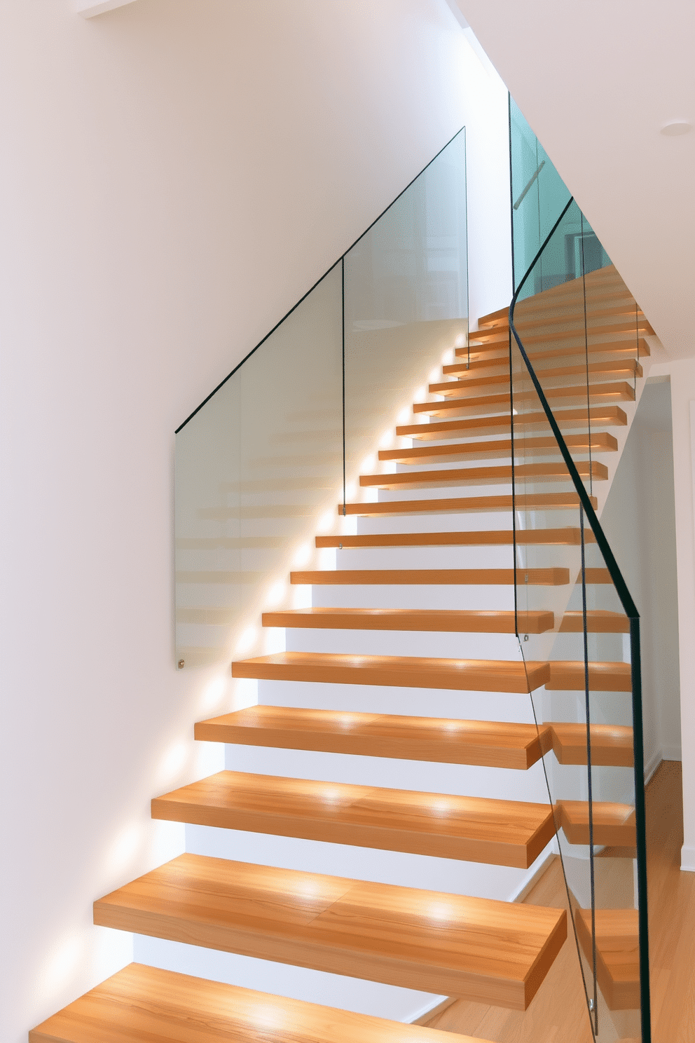 A sleek and minimalist floating staircase ascends gracefully, supported by hidden fixtures for a clean aesthetic. The glass railing, frameless and transparent, enhances the sense of openness and light in the space. The staircase features wide, smooth wooden treads that contrast beautifully with the surrounding white walls. Soft, ambient lighting illuminates the steps, creating a warm and inviting atmosphere.