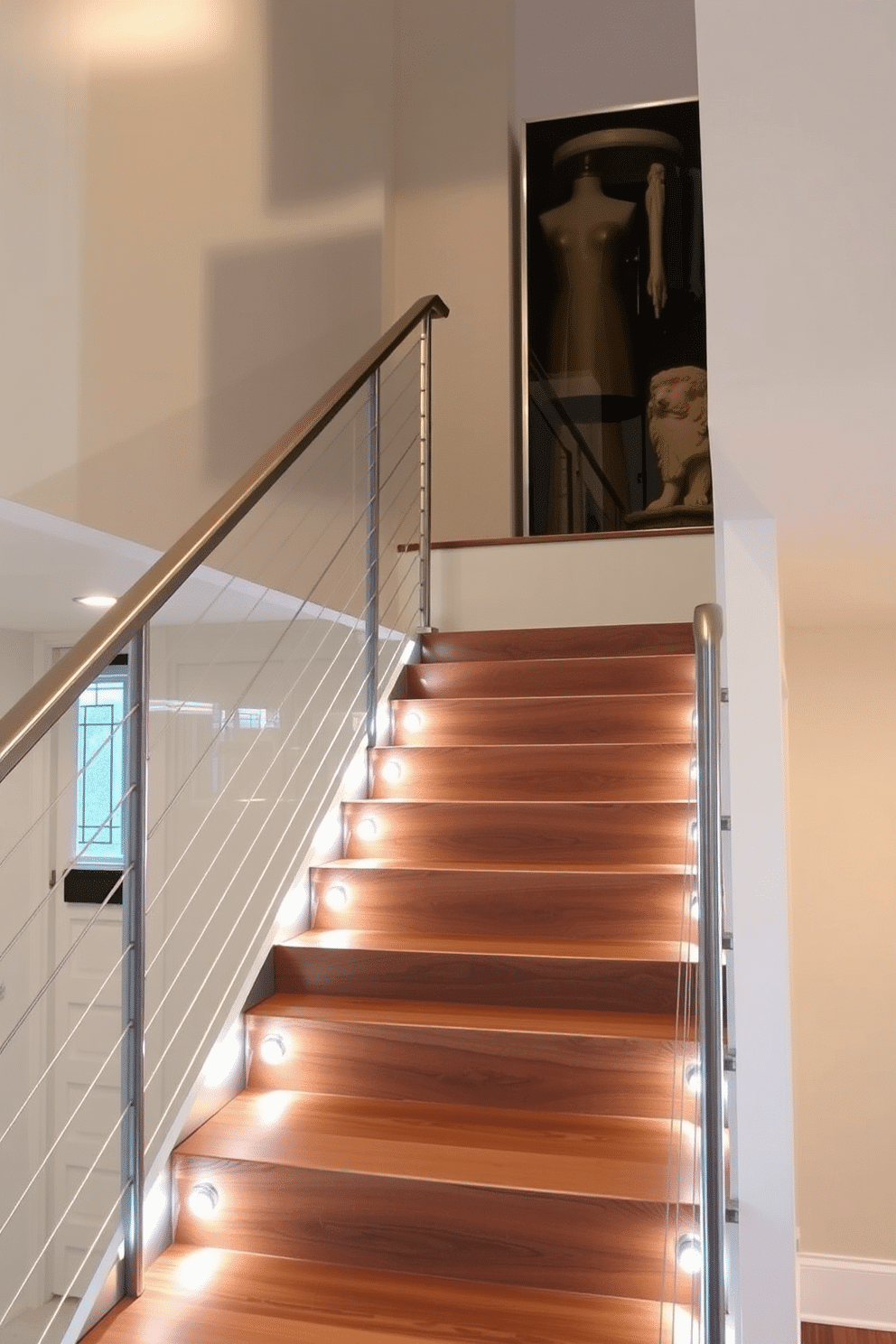 A modern staircase design features a sleek stainless steel cable railing that adds a contemporary touch. The staircase is illuminated by recessed lighting, highlighting the rich wood treads and creating a warm ambiance. The cable railing provides safety while maintaining an open feel, allowing for unobstructed views of the surrounding space. The combination of materials creates a striking contrast that enhances the overall aesthetic of the home.