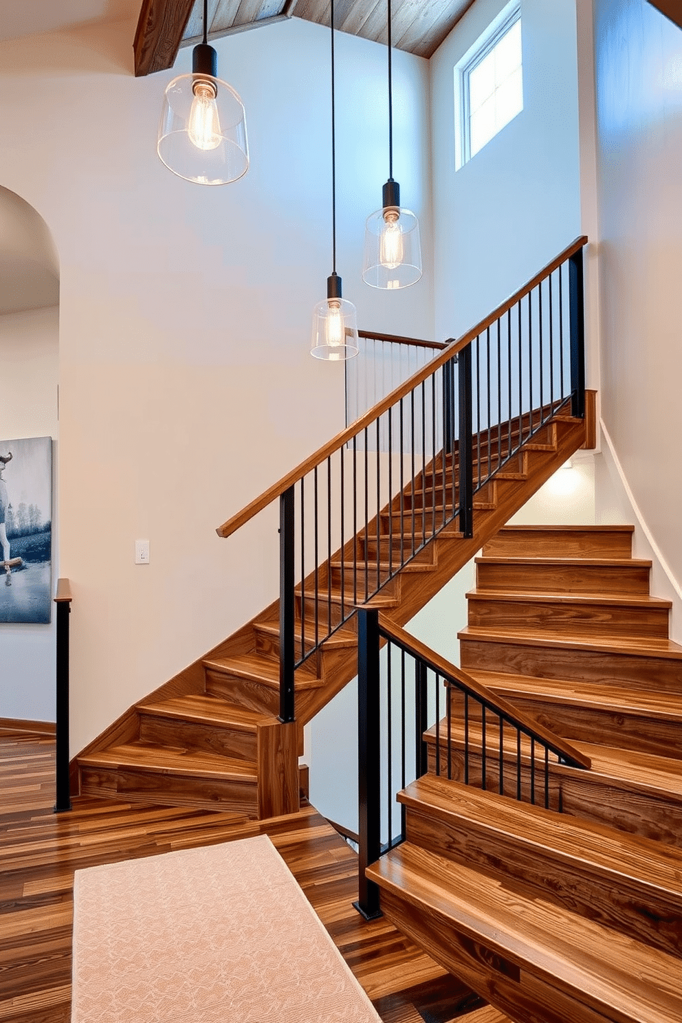 A rustic wooden staircase with modern finishes features rich, textured wood steps that contrast beautifully with sleek metal railings. The staircase is illuminated by pendant lights that hang from the ceiling, creating a warm and inviting atmosphere. The walls adjacent to the staircase are adorned with contemporary artwork, enhancing the blend of rustic and modern elements. A soft runner rug adds comfort and color, leading the eye up to the upper level of the home.