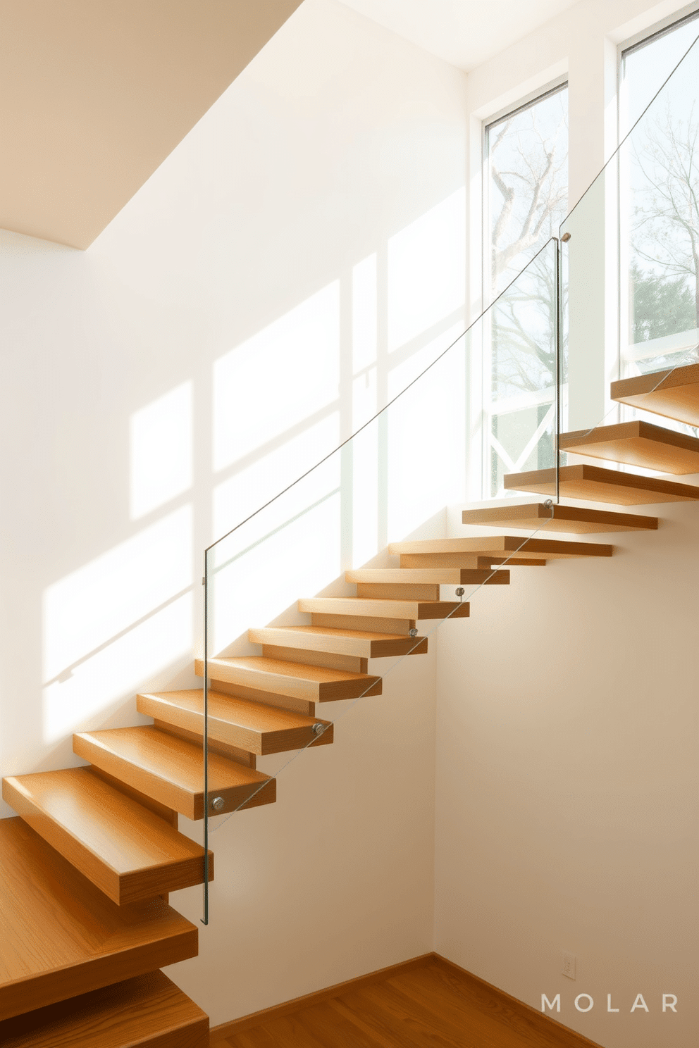 A cantilevered staircase elegantly extends from the wall, giving the illusion of floating. The design features sleek, minimalist steps made of polished wood, complemented by a glass railing that enhances the airy atmosphere. Natural light floods the space through large windows, illuminating the staircase and creating a warm ambiance. The surrounding walls are painted in a soft white, allowing the staircase to become a stunning focal point in the modern interior.