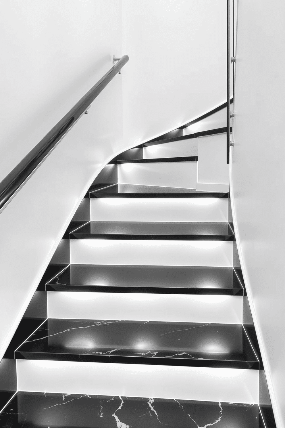 A monochrome staircase featuring sleek black and white elements creates a striking contrast in the space. The steps are made of polished black marble, while the risers are painted in a crisp white, enhancing the overall elegance of the design. A modern railing made of glass and stainless steel complements the staircase, providing a contemporary touch. Soft, ambient lighting illuminates the staircase, highlighting its clean lines and sophisticated aesthetic.