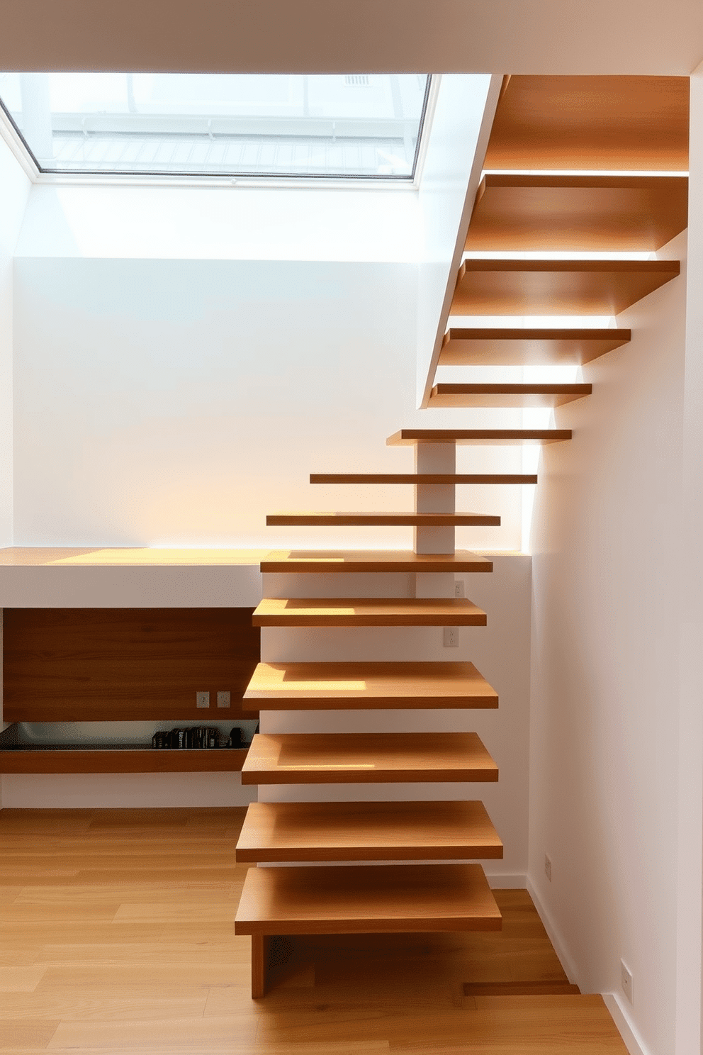 A minimalist staircase featuring a sleek, floating design with a hidden support structure that creates a seamless look. The treads are made of polished wood, while the risers are finished in a soft white, enhancing the airy feel of the space. Natural light floods the area through a large skylight above, casting gentle shadows on the staircase. The surrounding walls are painted in a crisp white, allowing the staircase to be the focal point of the modern interior.