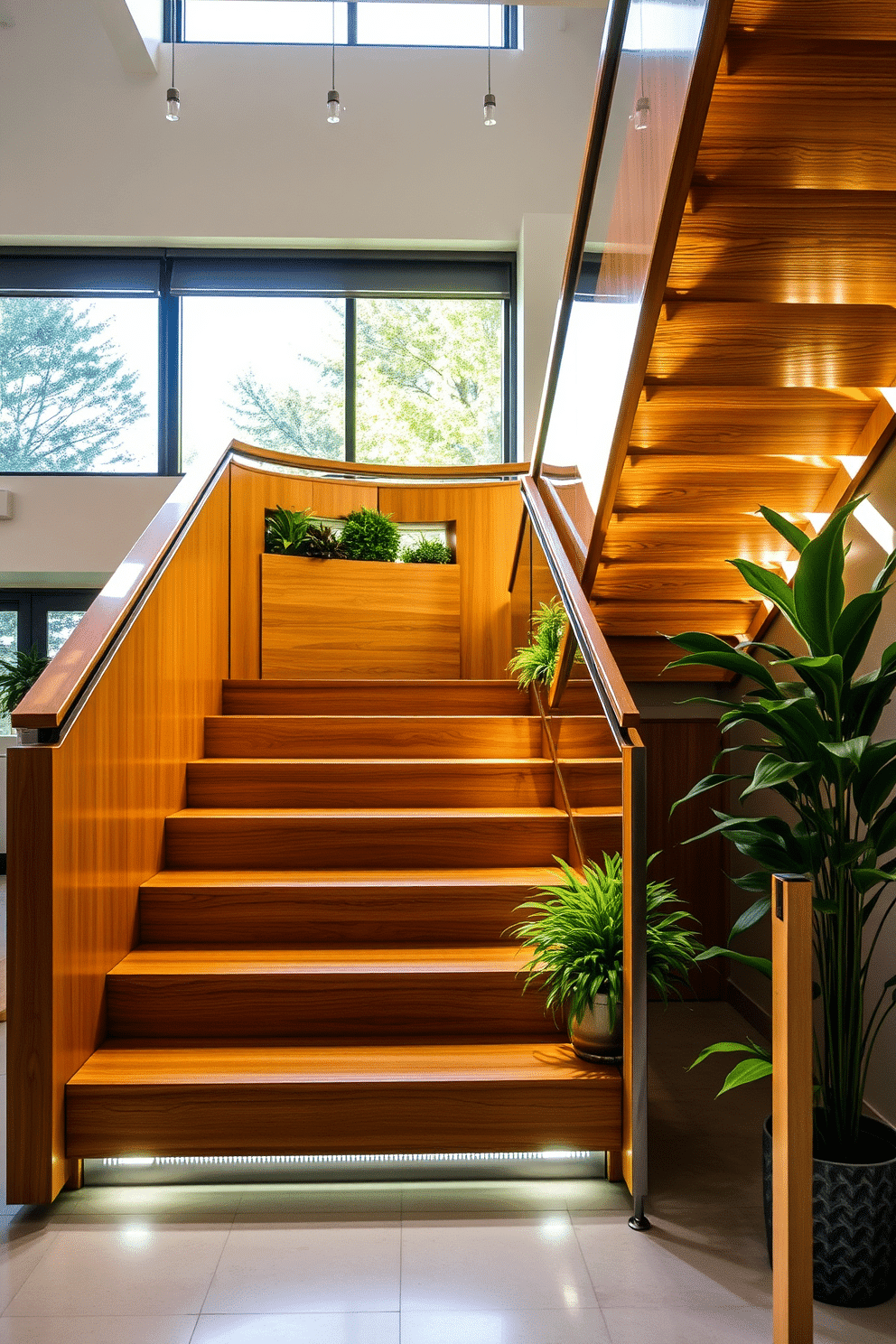 A modern staircase features sleek, minimalist lines with integrated planters that bring a touch of greenery to the space. The planters are built into the staircase design, showcasing a variety of lush plants that enhance the natural light streaming in from nearby windows. The staircase itself is crafted from polished wood and metal, creating a striking contrast against the vibrant green of the plants. Soft LED lighting illuminates the steps, highlighting the beauty of both the staircase and the integrated greenery.