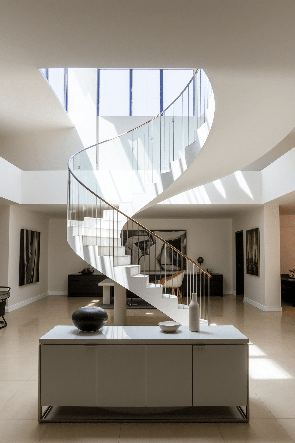 A stunning sculptural staircase serves as the centerpiece of an open-concept living space. The staircase features flowing curves and a sleek glass railing, allowing light to filter through and enhance the airy atmosphere. Surrounding the staircase, the walls are adorned with contemporary artwork that complements the modern aesthetic. Below, a minimalist console table holds decorative objects, creating a harmonious balance between functionality and style.