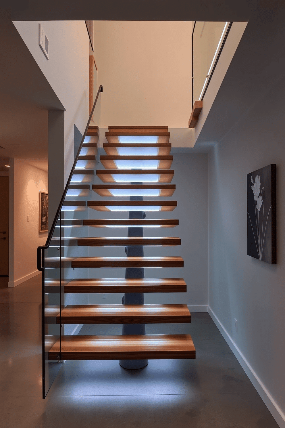 A stunning floating staircase features sleek wooden treads that seem to defy gravity, supported by a minimalist glass railing that enhances the open feel of the space. Underneath, LED strip lighting casts a warm glow, illuminating the staircase and creating a dramatic focal point in the entryway. The staircase is surrounded by a contemporary interior, with neutral walls and polished concrete flooring that complements the modern aesthetic. A statement piece of artwork hangs nearby, drawing the eye and adding a touch of personality to the design.