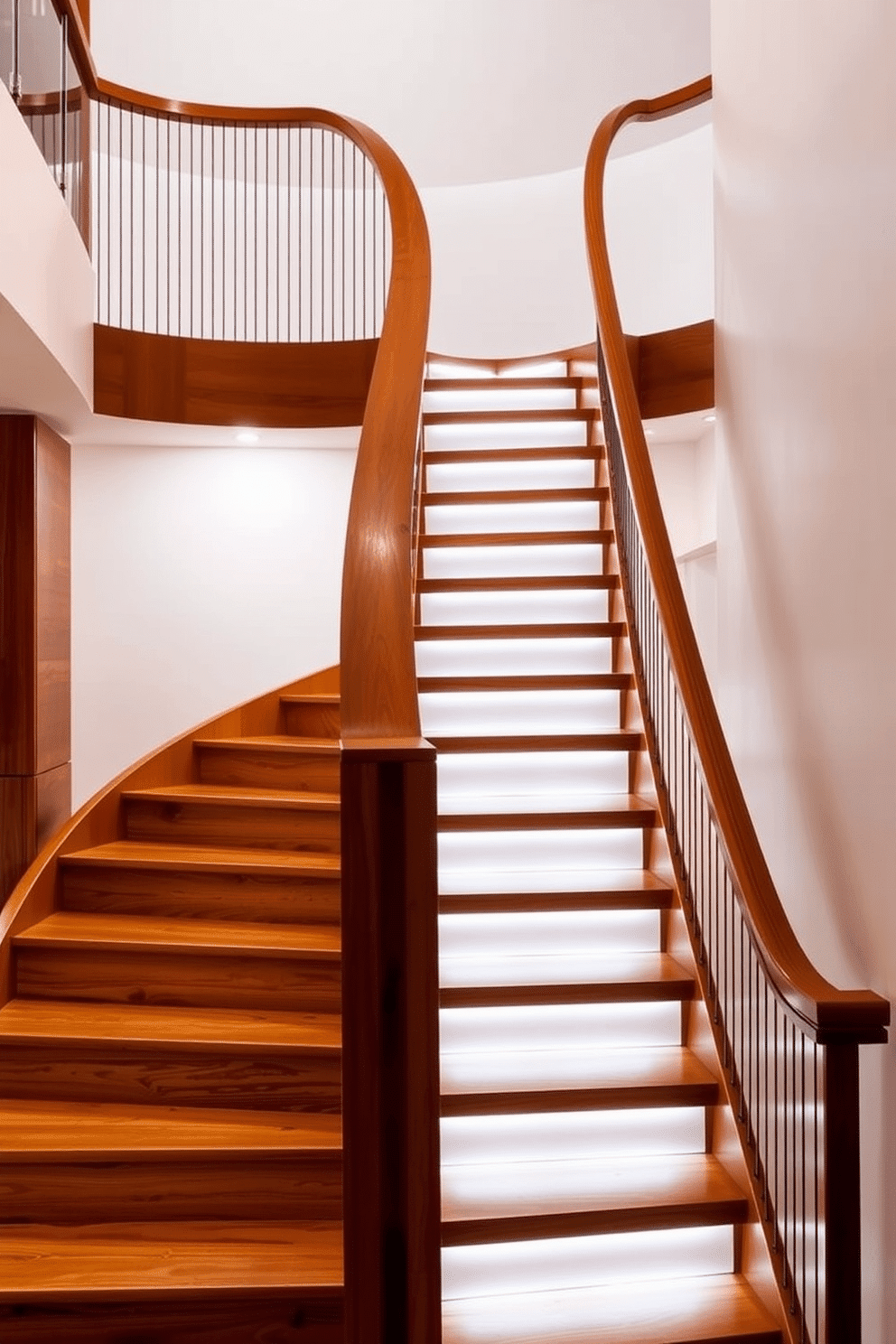 A stunning curved wooden staircase gracefully ascends, featuring integrated LED lighting that highlights its elegant lines. The warm wood tones contrast beautifully with the sleek, minimalist railing, creating a perfect blend of modern and classic design elements.