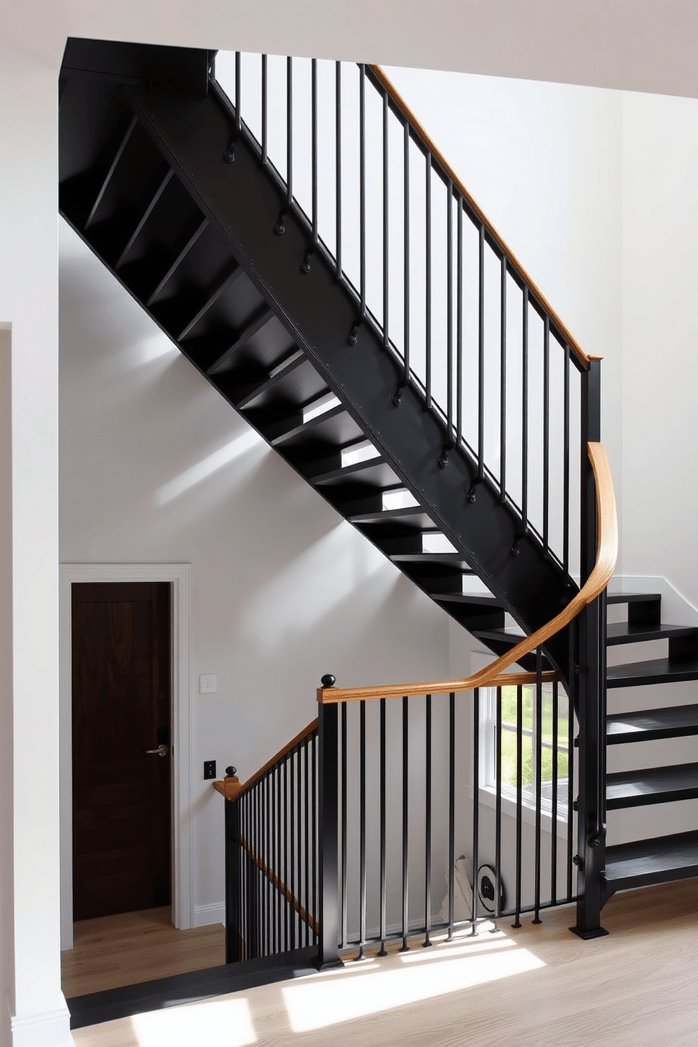 A striking black metal staircase ascends gracefully, featuring a sleek design that emphasizes clean lines and contemporary aesthetics. The wooden handrail adds warmth and contrast, seamlessly integrating with the industrial elements of the staircase. Natural light floods the space, highlighting the interplay between the metal and wood. Below, a minimalist entryway showcases the staircase as a focal point, enhancing the overall modern ambiance of the home.