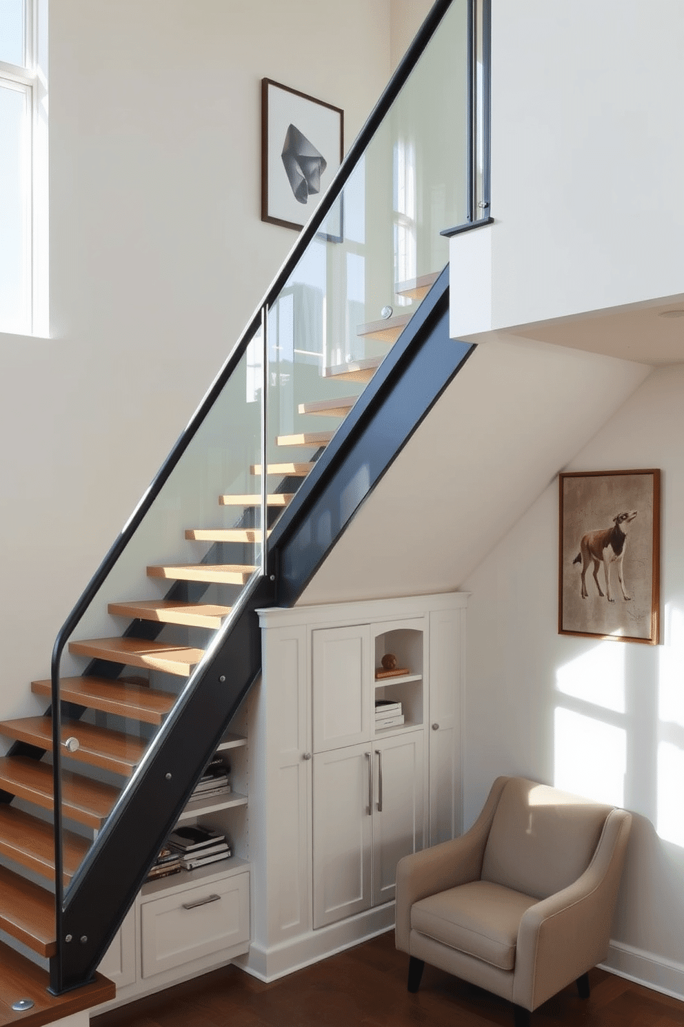 A stunning multi-level staircase that serves as a focal point in a contemporary home. The staircase features sleek wooden treads and a glass railing, allowing natural light to flow through the space. The walls adjacent to the staircase are adorned with minimalist artwork, enhancing the modern aesthetic. Below the staircase, a cozy reading nook with built-in shelves and a plush armchair creates a functional and inviting area.