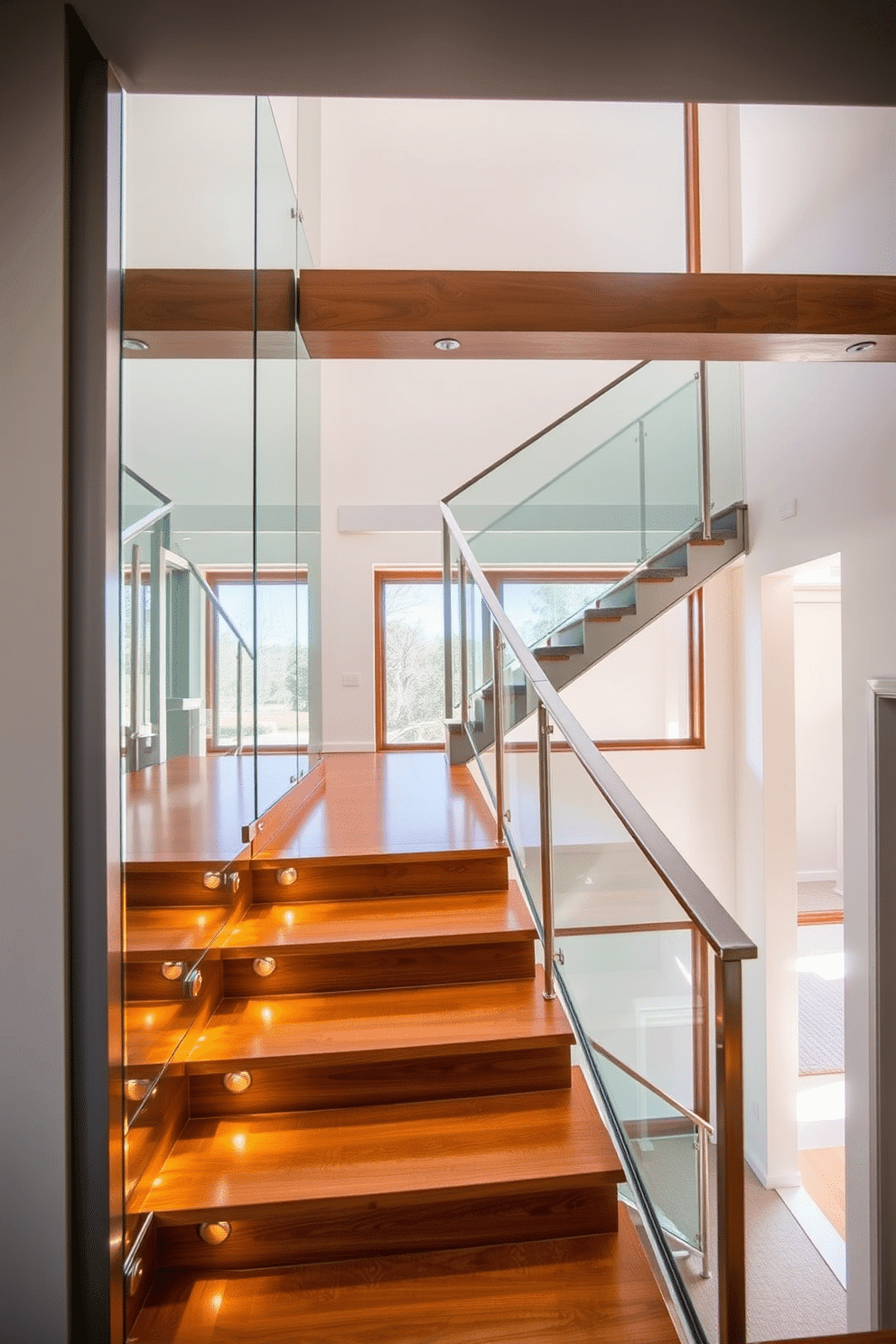 A contemporary glass and steel staircase features a minimalist design with clear glass panels and sleek steel railings. The treads are made of polished wood, creating a warm contrast against the cool materials, while the staircase is illuminated by recessed lighting for an elegant ambiance. The staircase is positioned in an open space, allowing natural light to filter through, enhancing the airy feel of the surroundings. The design seamlessly integrates with the modern aesthetic of the home, making it a striking focal point in the entryway.