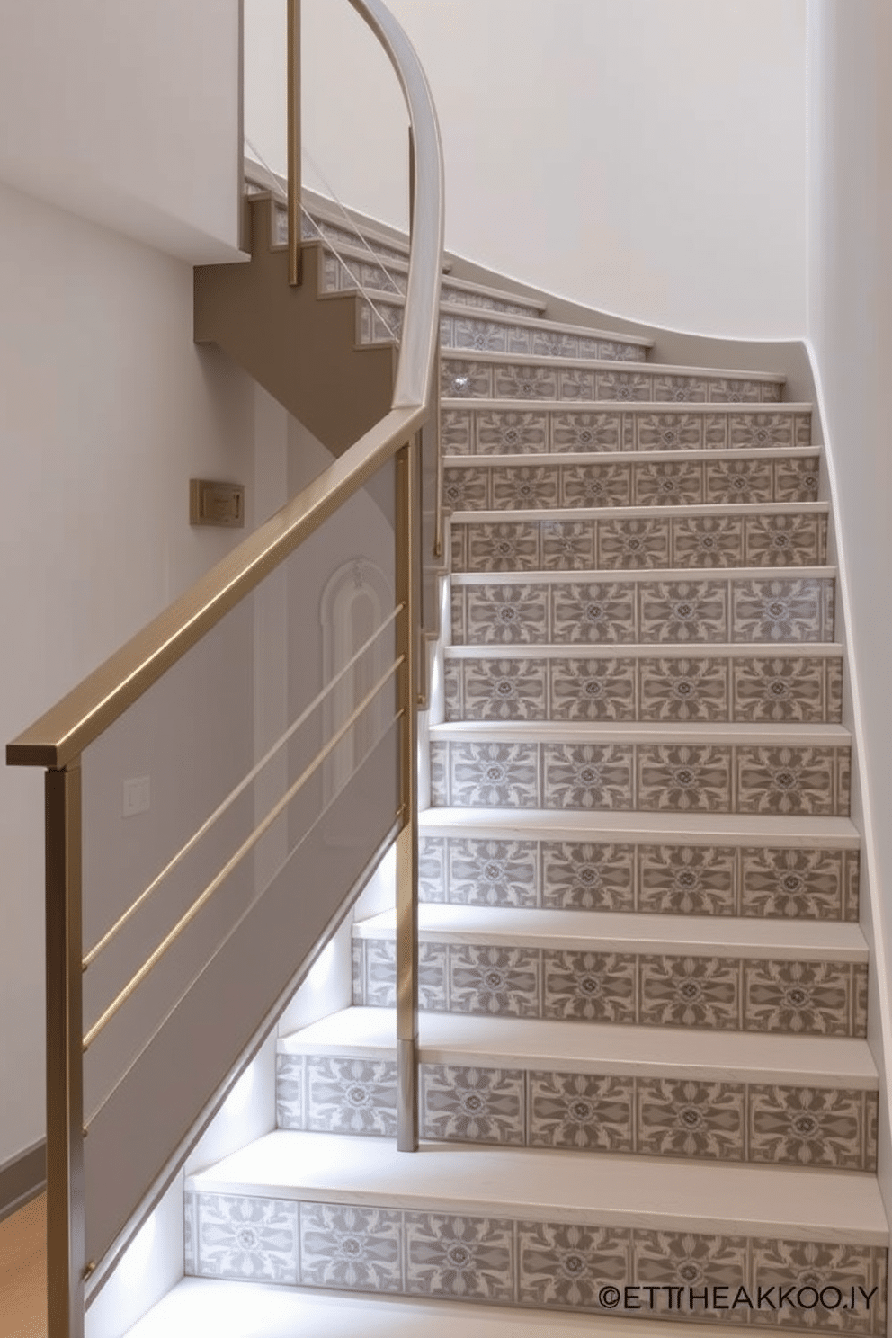 A contemporary staircase design featuring patterned tile risers that add a unique touch of character. The handrail is sleek and minimalist, crafted from brushed metal, complementing the overall modern aesthetic. The staircase is illuminated by recessed lighting that highlights the intricate tile patterns. Surrounding the staircase, a neutral color palette enhances the feeling of spaciousness and elegance.